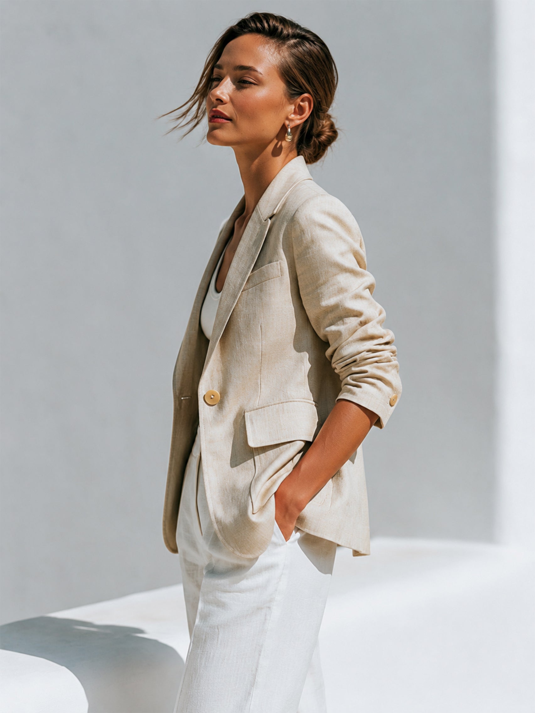 Elegant Relaxed Linen Three-Quarter Sleeves Single Button Blazer