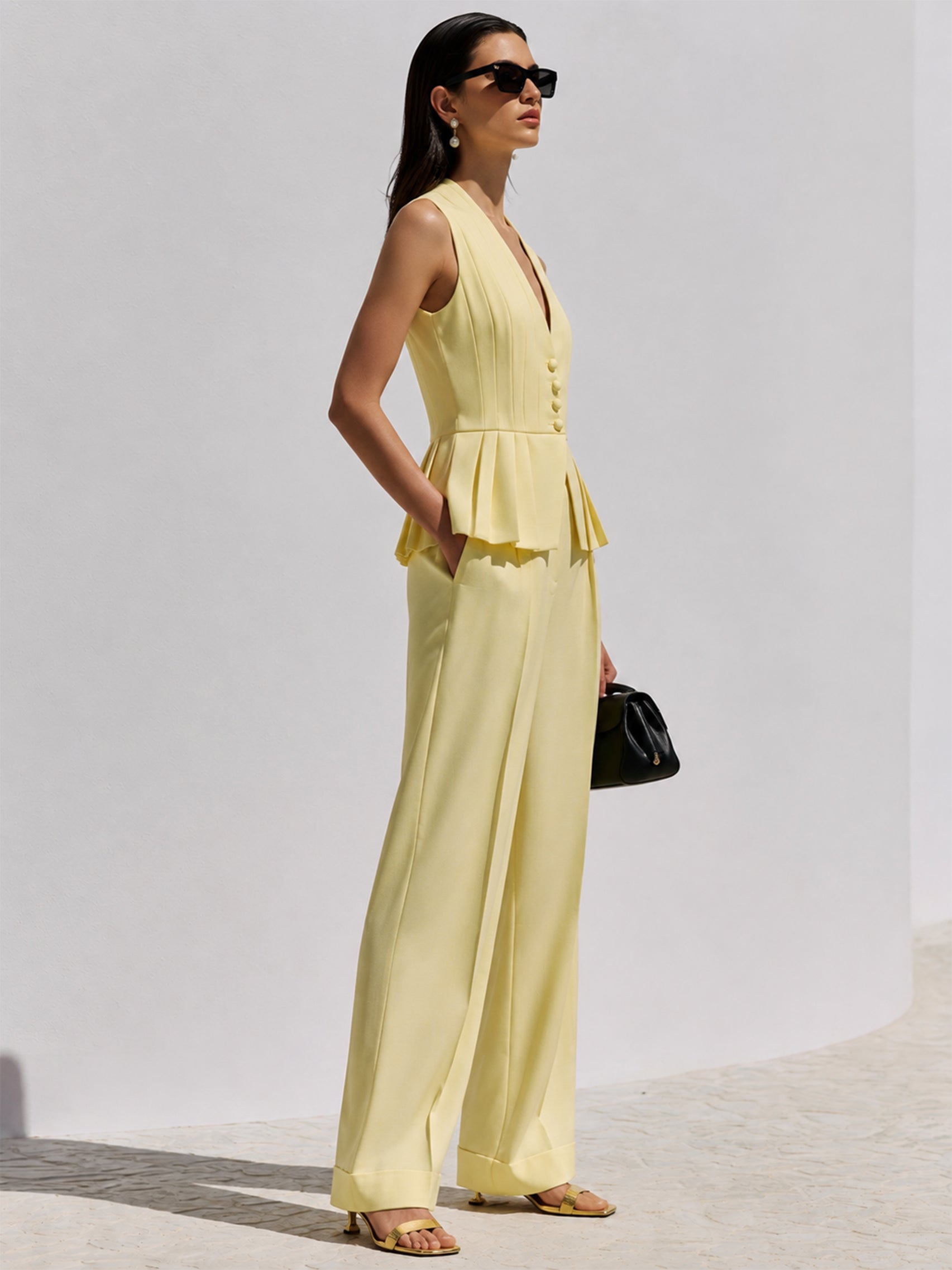 Butter Yellow Tailored Pleated Waistcoat & Wide Leg Trouser Set
