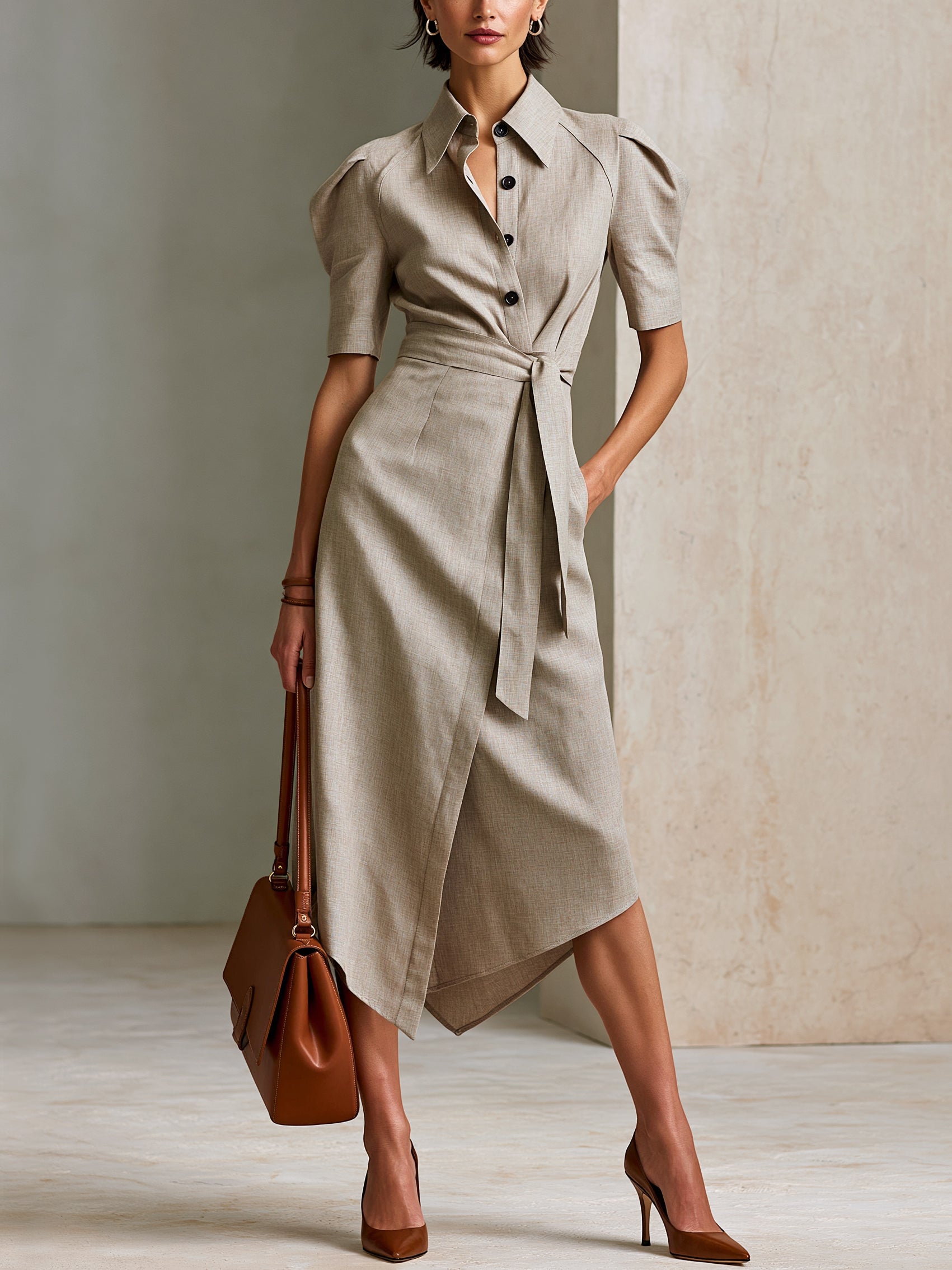 Mocha Linen Puff Sleeve Wrap Shirt Midi Dress