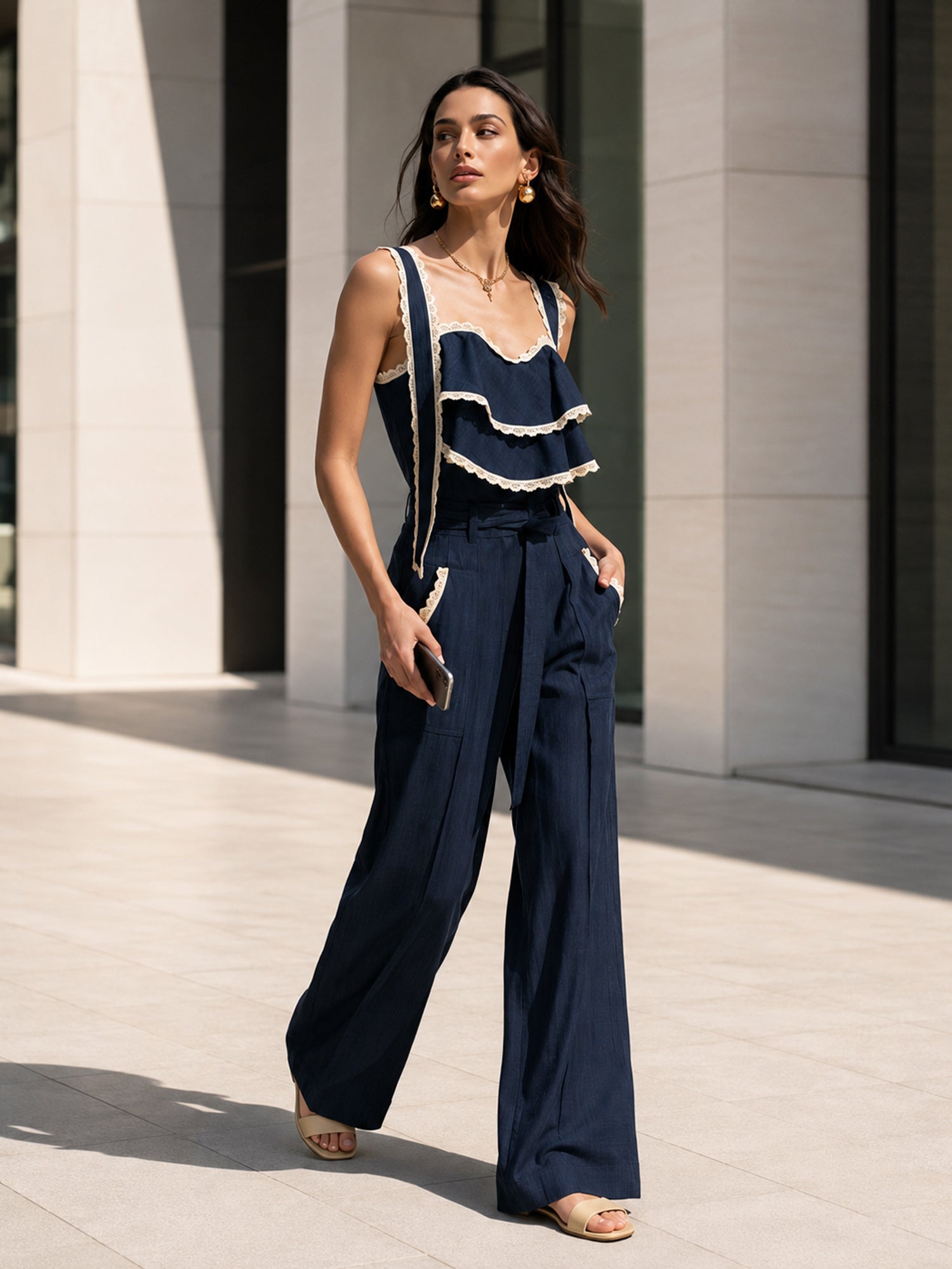 French-Style Lace-Paneled Ruffle Jumpsuit