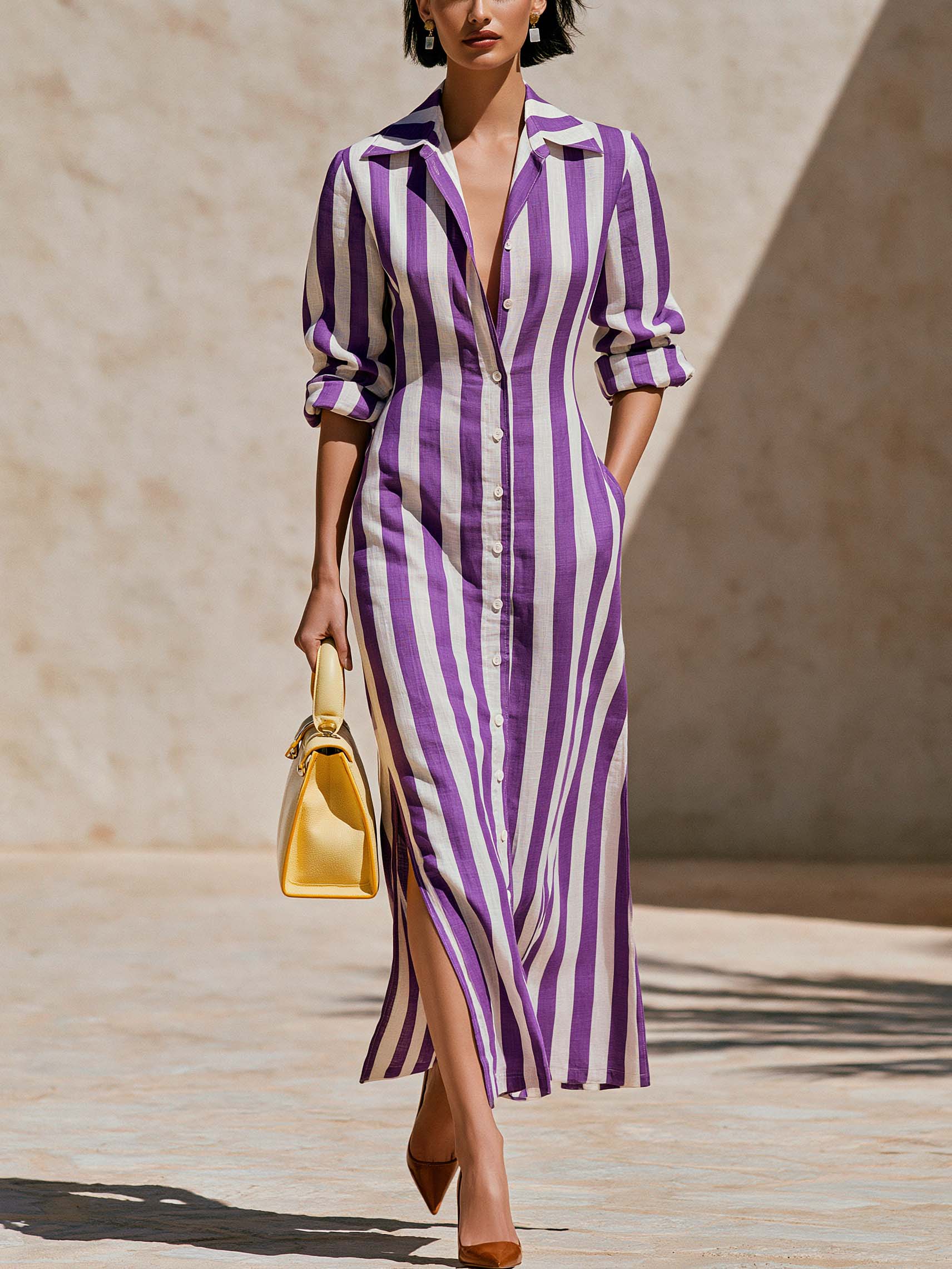 Violet White Stripe Cotton Shirt Midi Dress
