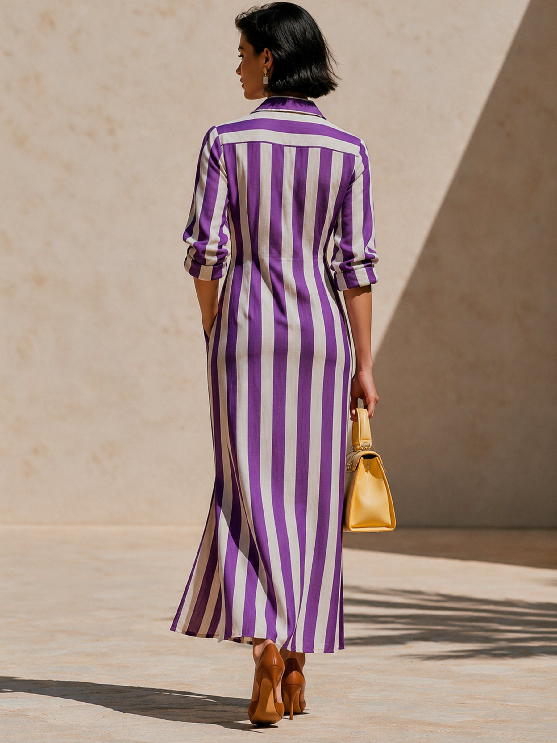Violet White Stripe Cotton Shirt Midi Dress