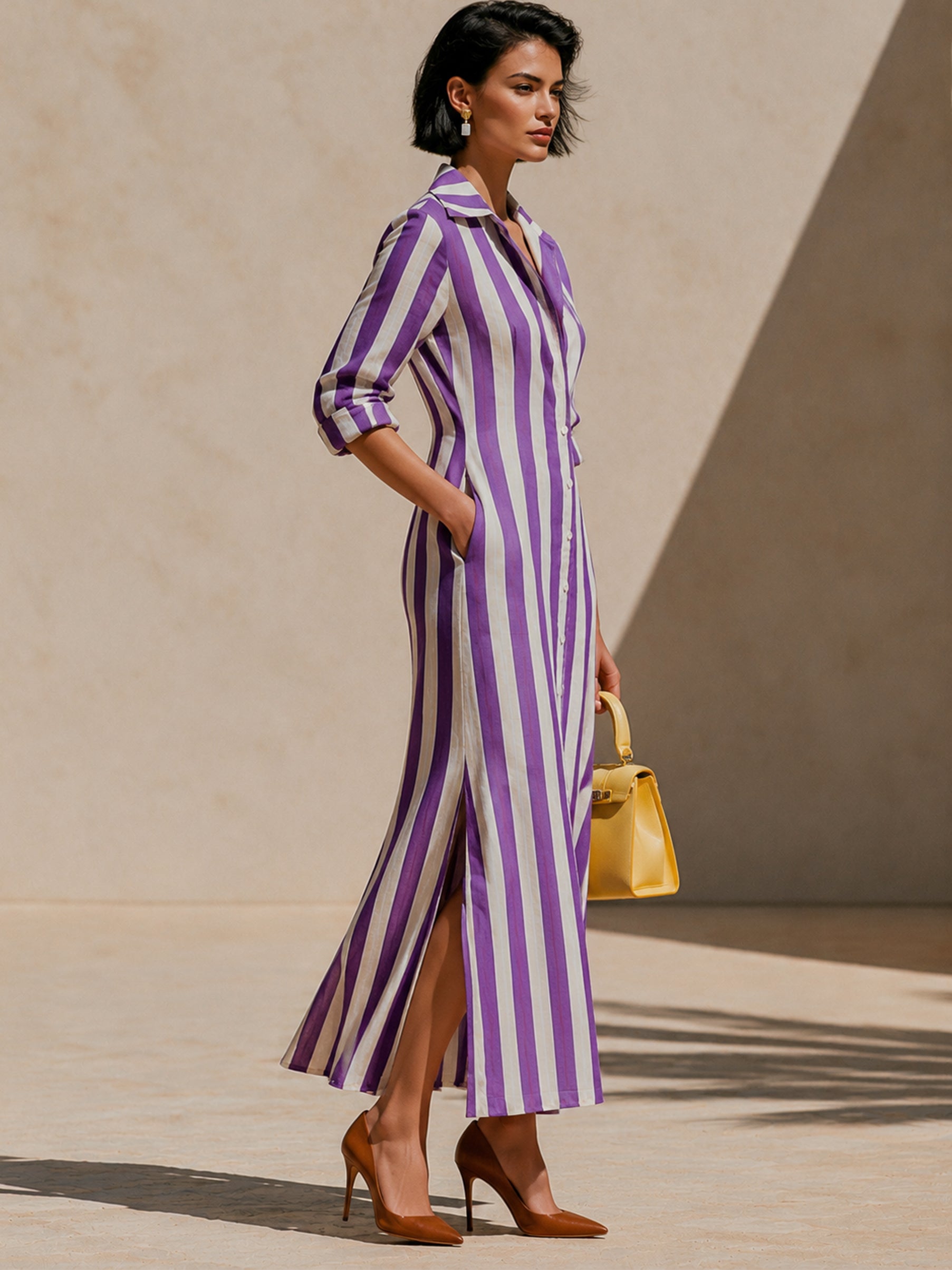 Violet White Stripe Cotton Shirt Midi Dress