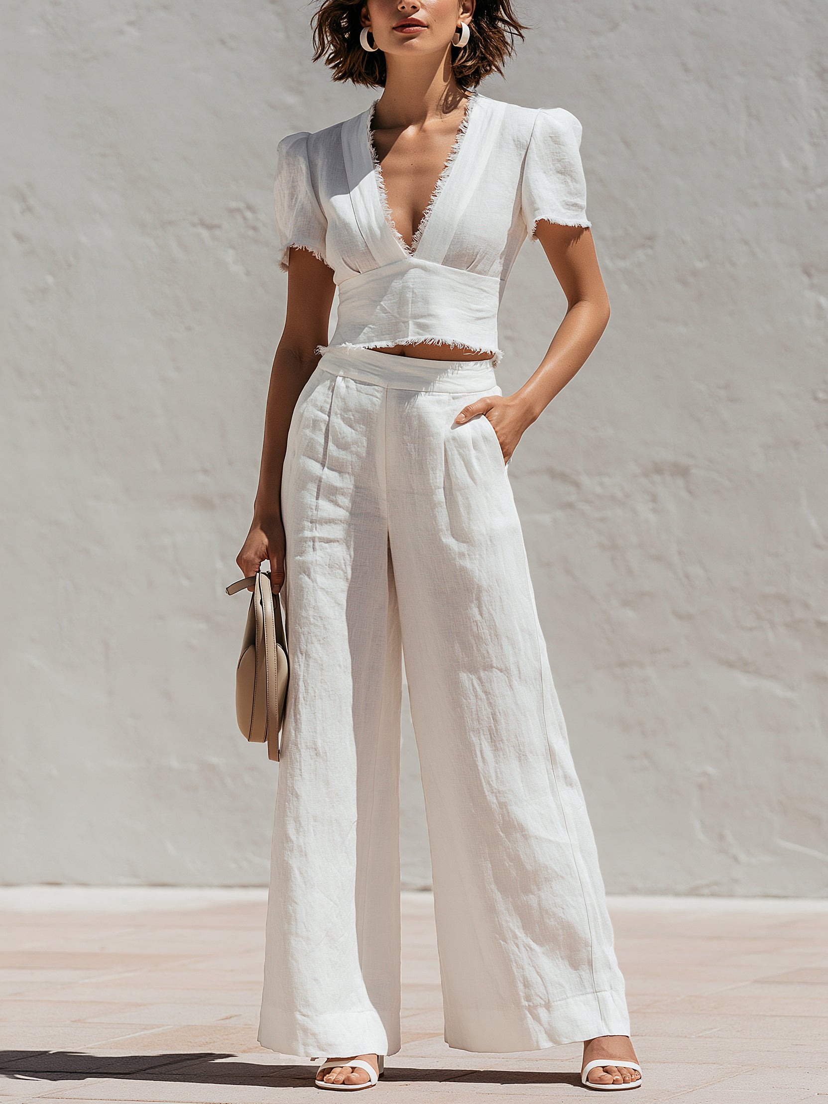 White Linen Frayed Edge Crop Top & Fluid Wide Leg Trouser Set