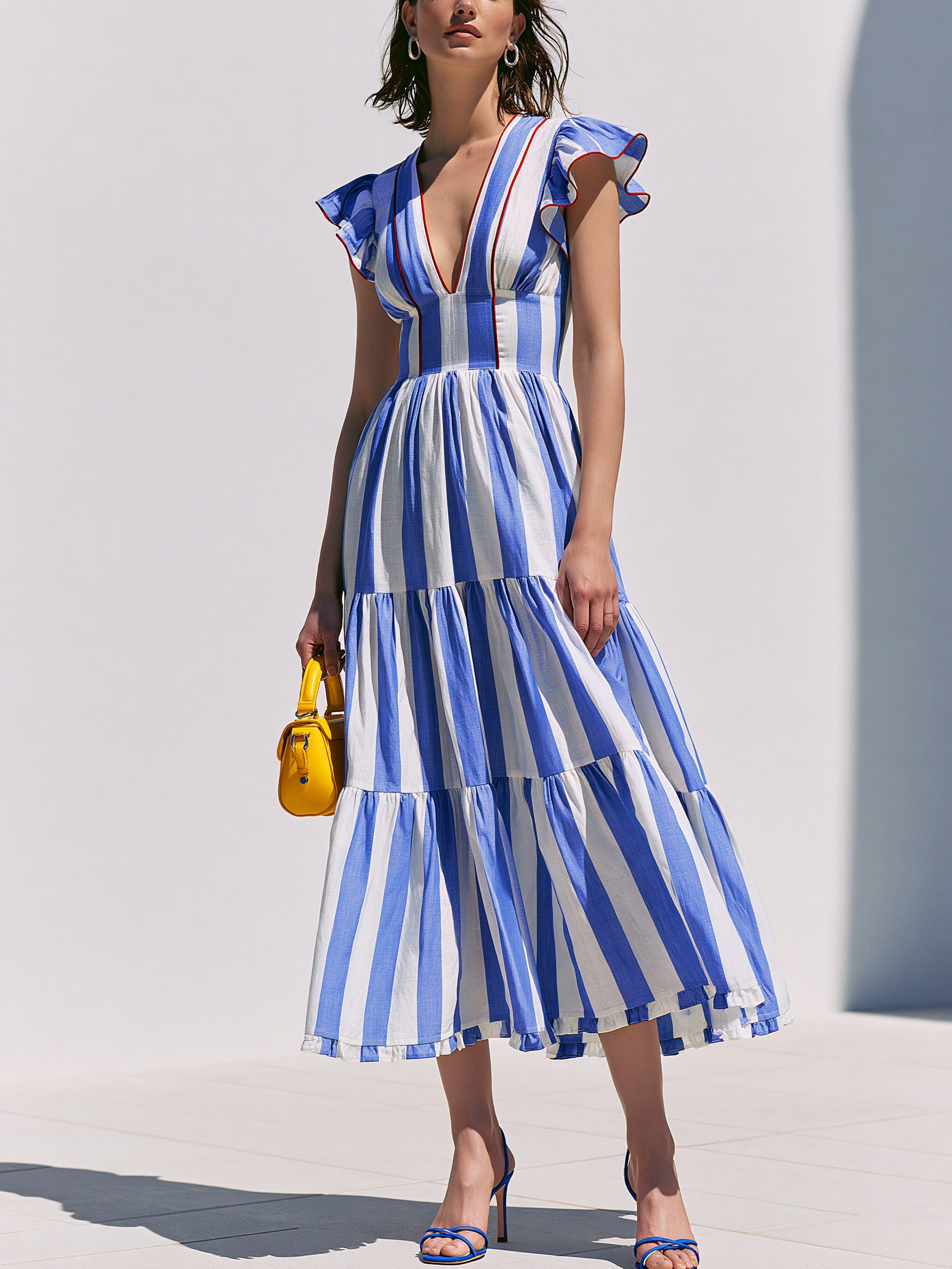 Elegant Ruffle Sleeve Striped Cotton Midi Dress