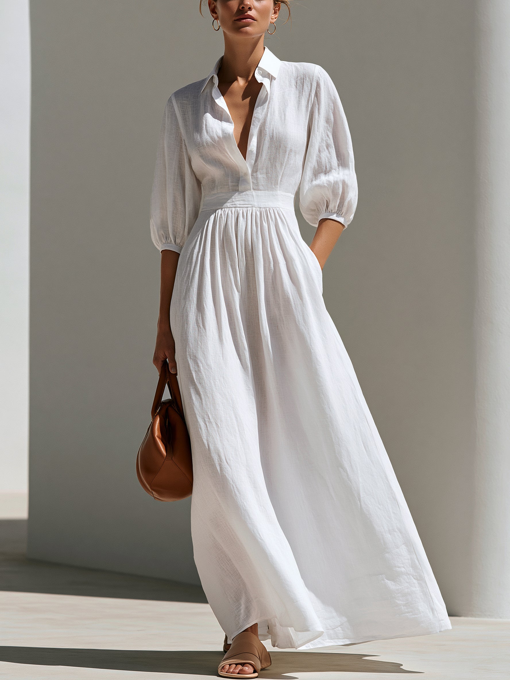 Elegant Three-Quarter Sleeve Linen Maxi Dress