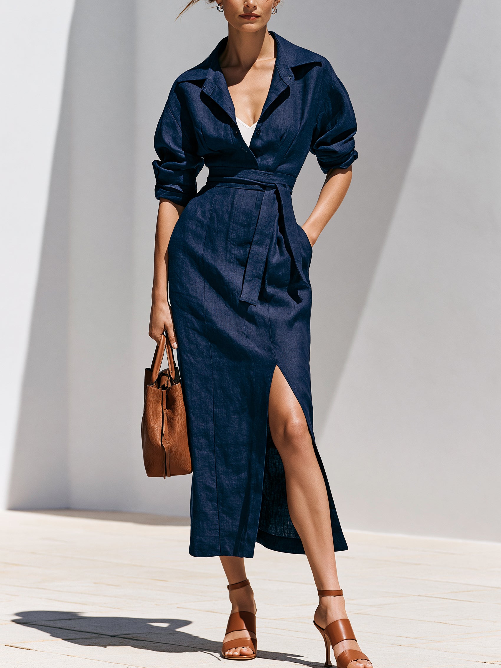 Elegant Notched Collar Linen Slit Midi Dress