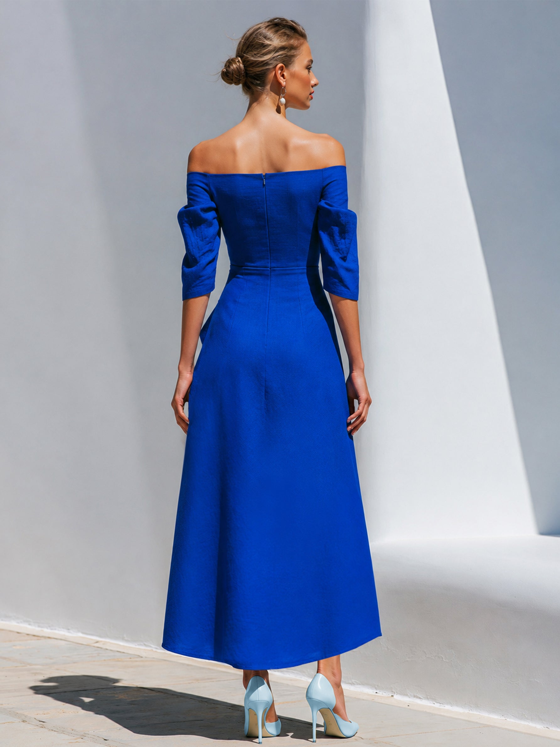 Cobalt Blue Linen Three-quarter Sleeve Off-Shoulder Asymmetric Wrap Midi Dress