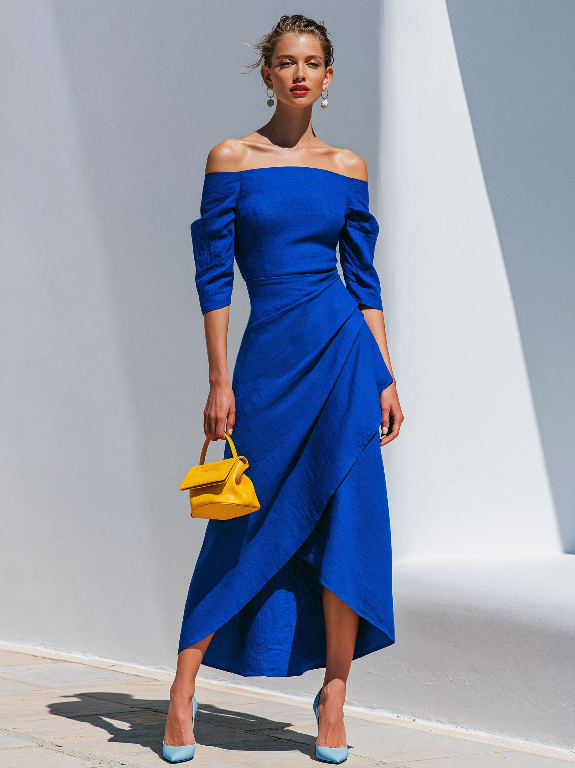 Cobalt Blue Linen Three-quarter Sleeve Off-Shoulder Asymmetric Wrap Midi Dress