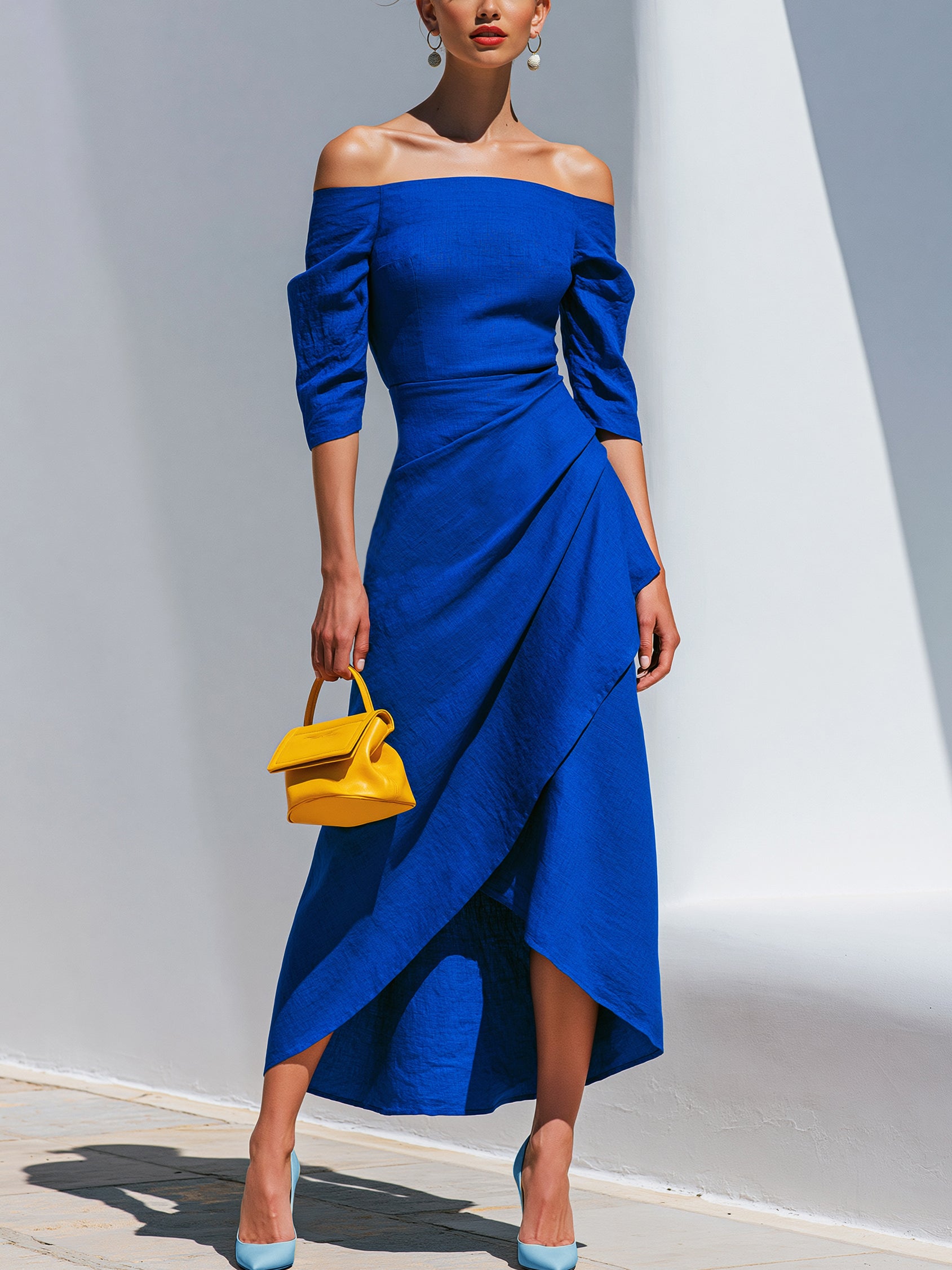 cobalt blue off shoulder dress Linen Three-quarter Sleeve Off-Shoulder Asymmetric Wrap Mi yesstyle denim dresses ensuring you make a Best Blue Wedding Suits Size:LG