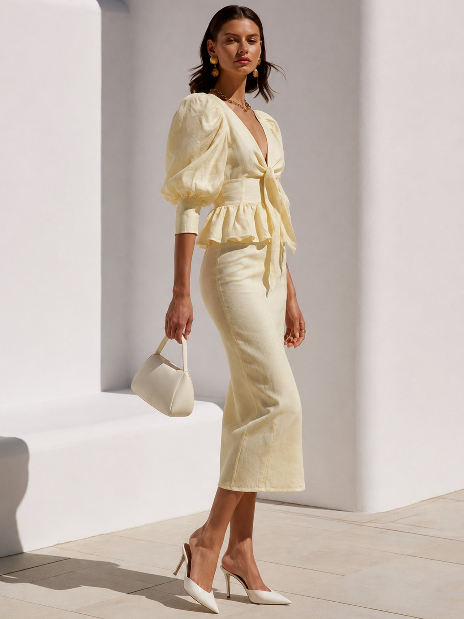 Luna Pearl Tie-Front Puff Sleeve Two-Piece Set