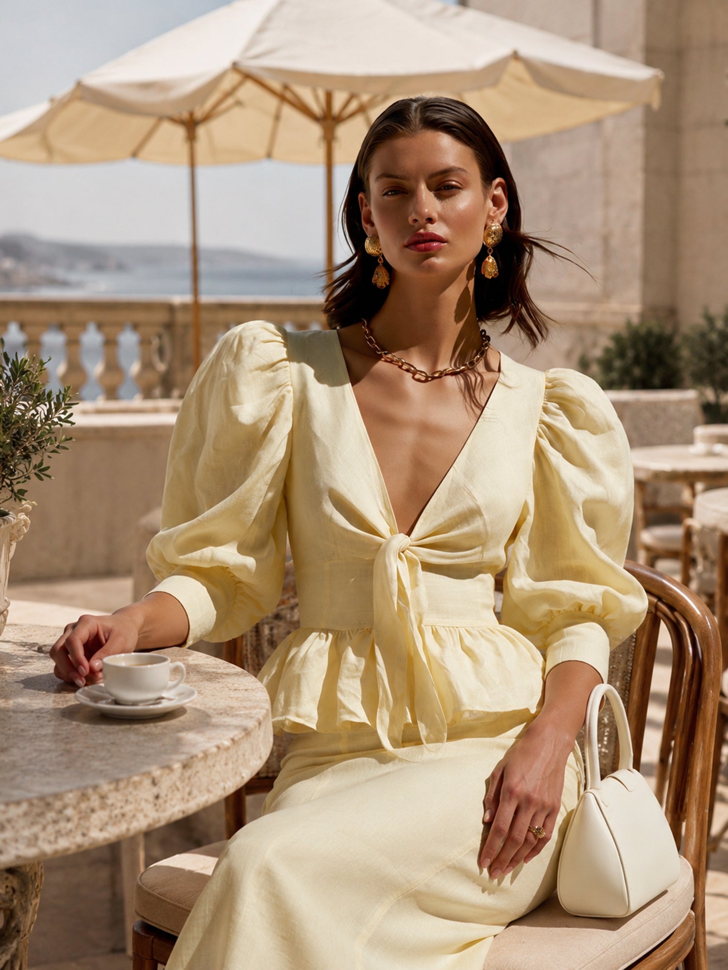 Luna Pearl Tie-Front Puff Sleeve Two-Piece Set