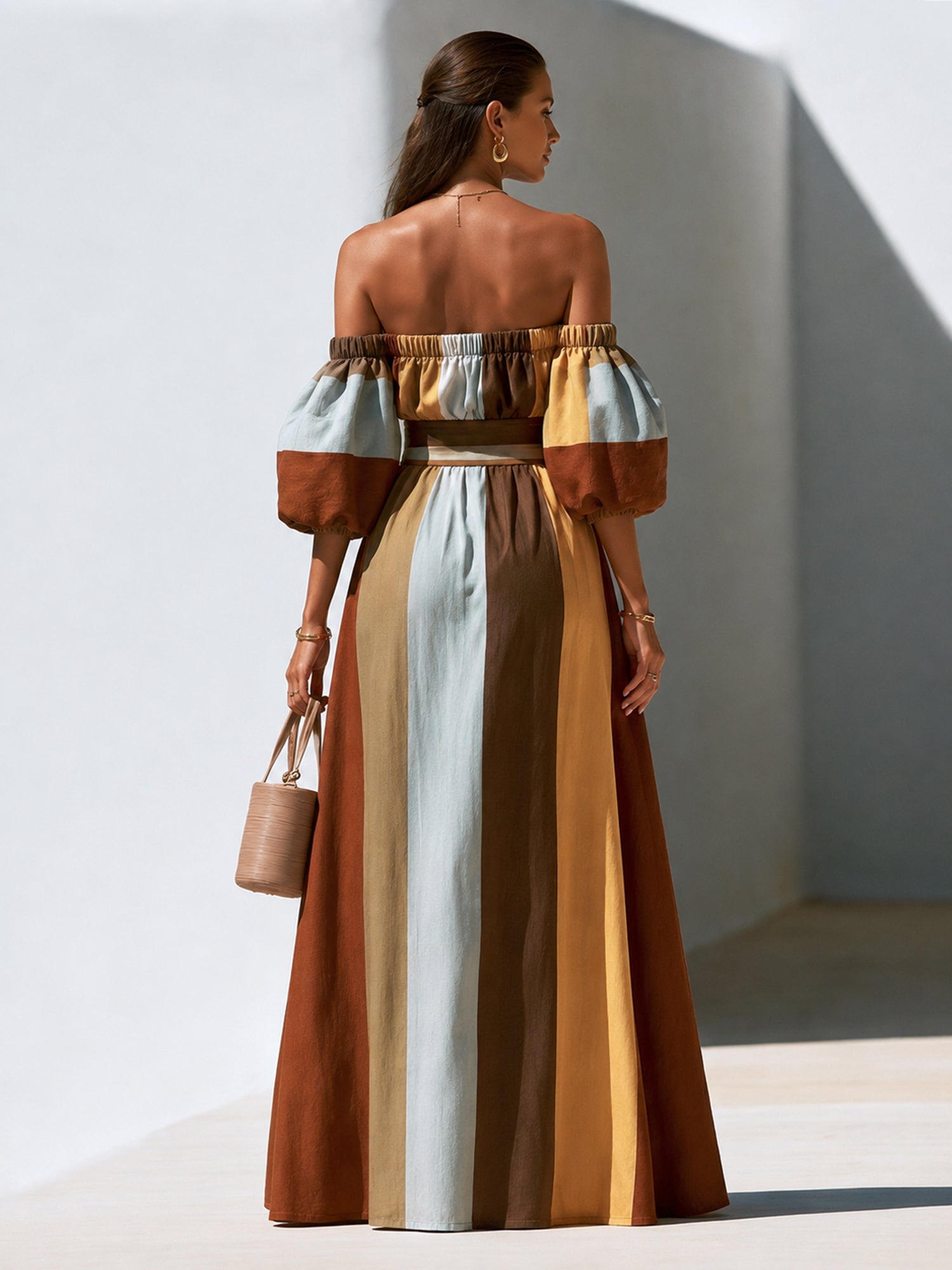 Earth Tone Off-Shoulder Puff Sleeve Maxi Dress