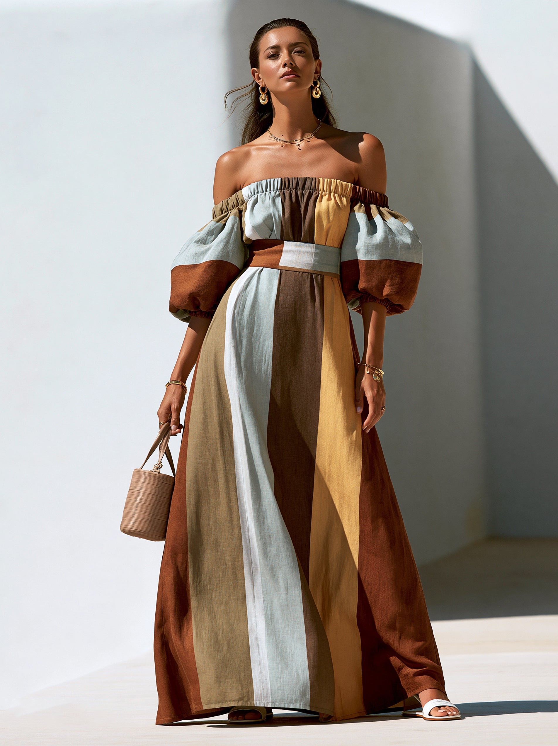 Earth Tone Off-Shoulder Puff Sleeve Maxi Dress