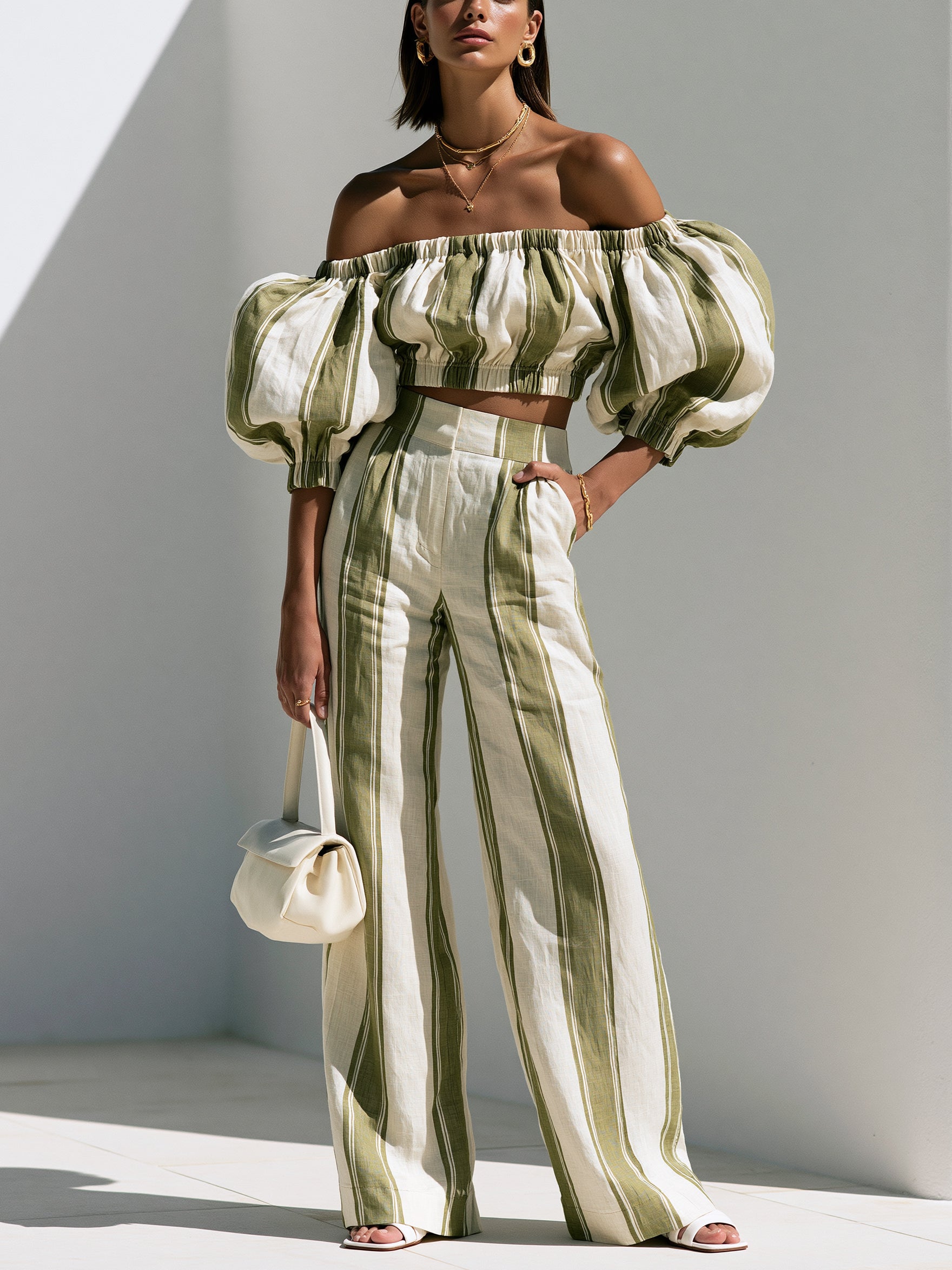 Olive Stripe Off-Shoulder Puff Sleeve Co-Ord Set