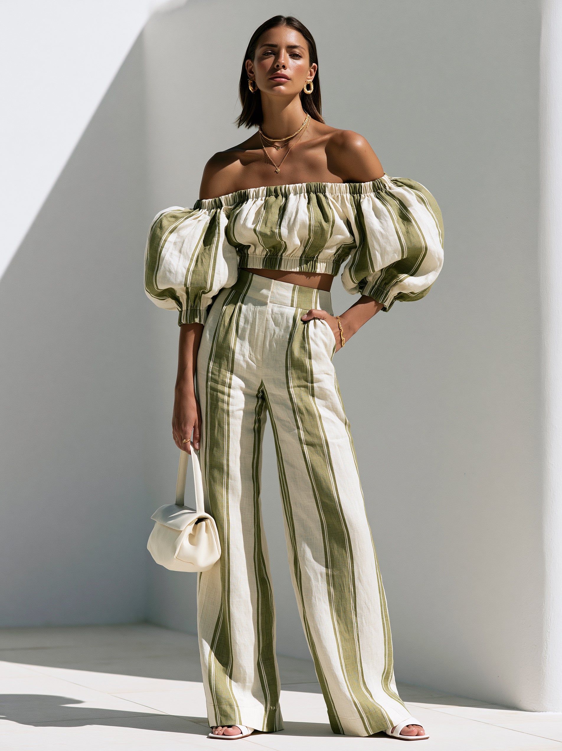 Olive Stripe Off-Shoulder Puff Sleeve Co-Ord Set