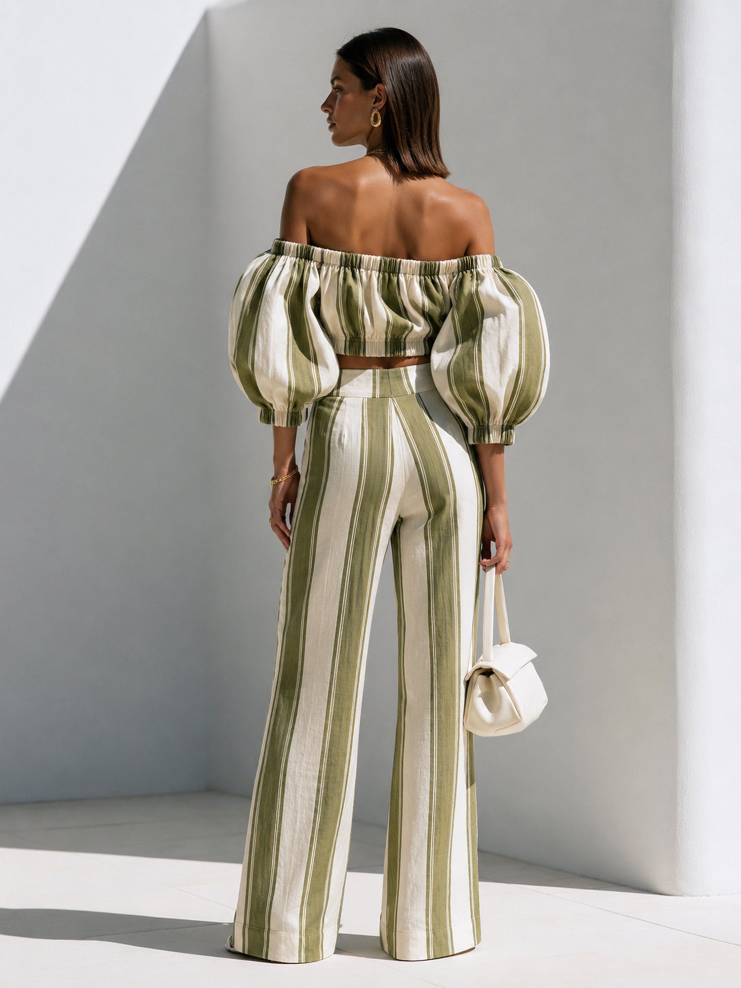 Olive Stripe Off-Shoulder Puff Sleeve Co-Ord Set