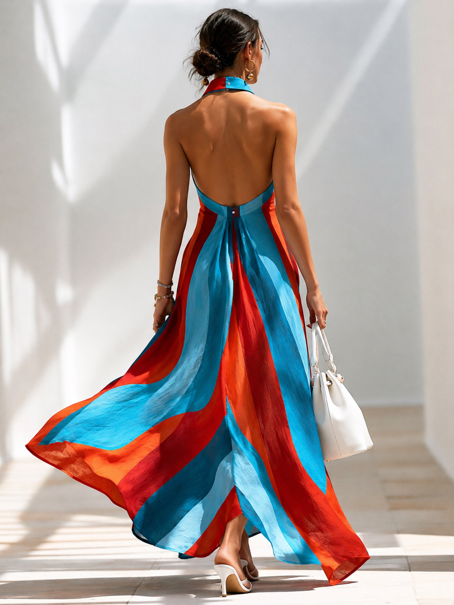 Sunset Riviera Stripe Halter Maxi Dress