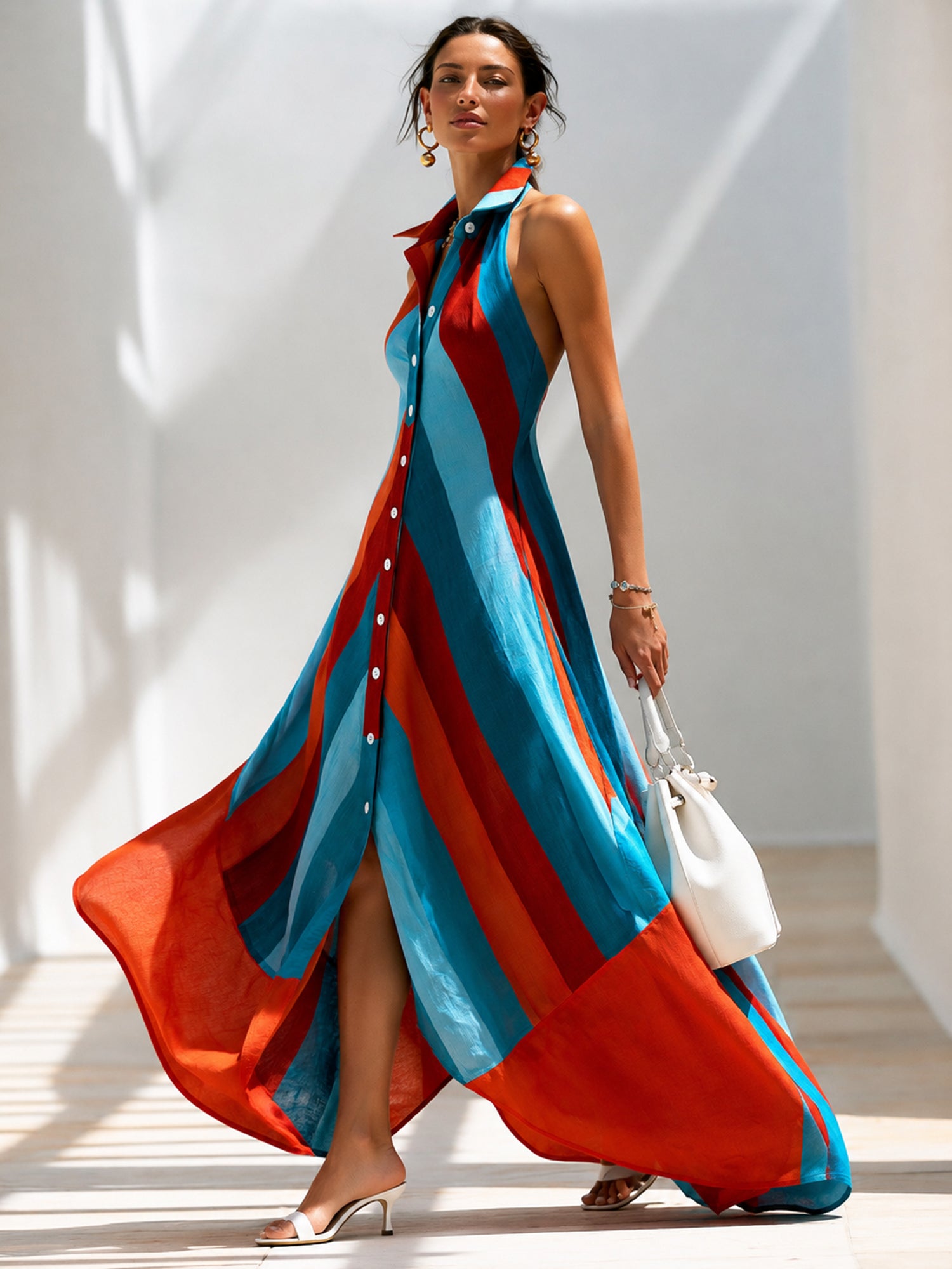 Sunset Riviera Stripe Halter Maxi Dress
