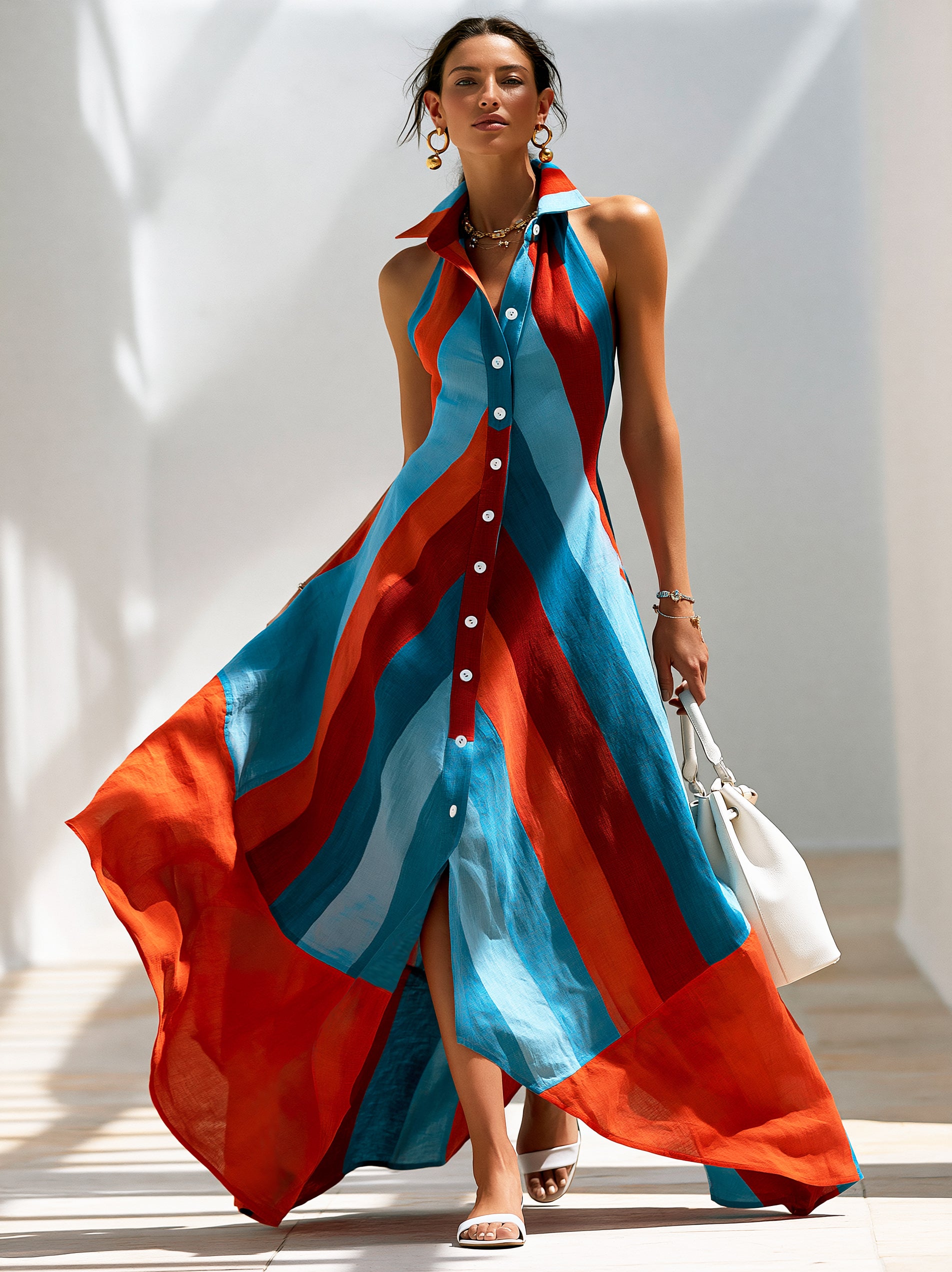 Sunset Riviera Stripe Halter Maxi Dress