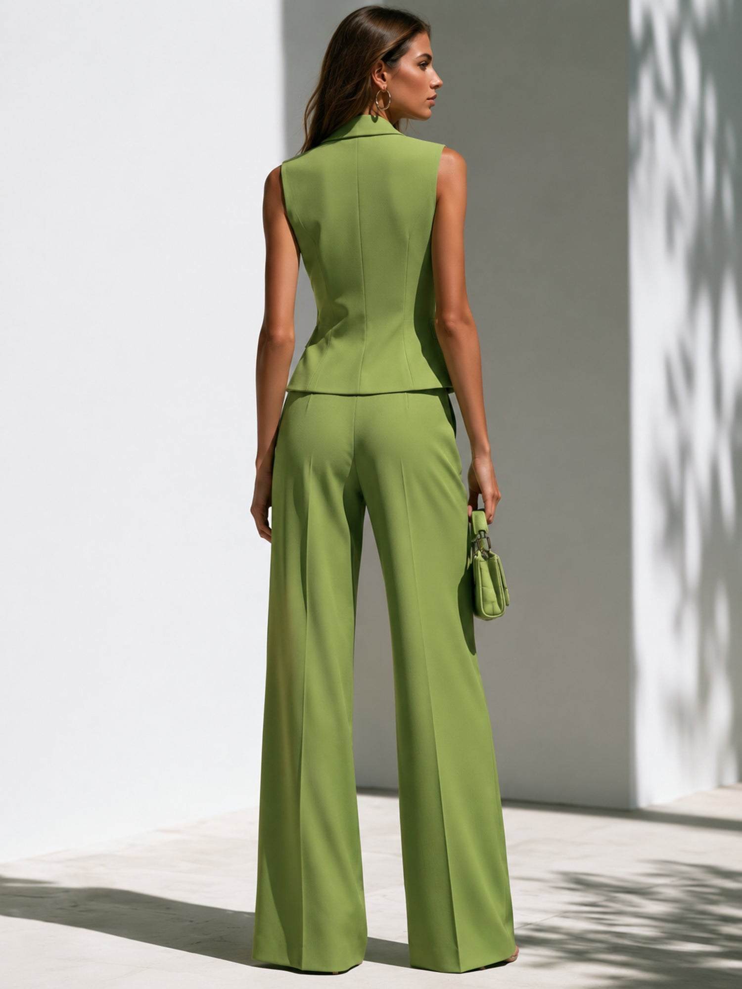 Olive Green Tailored Vest & Wide-Leg Suit Set