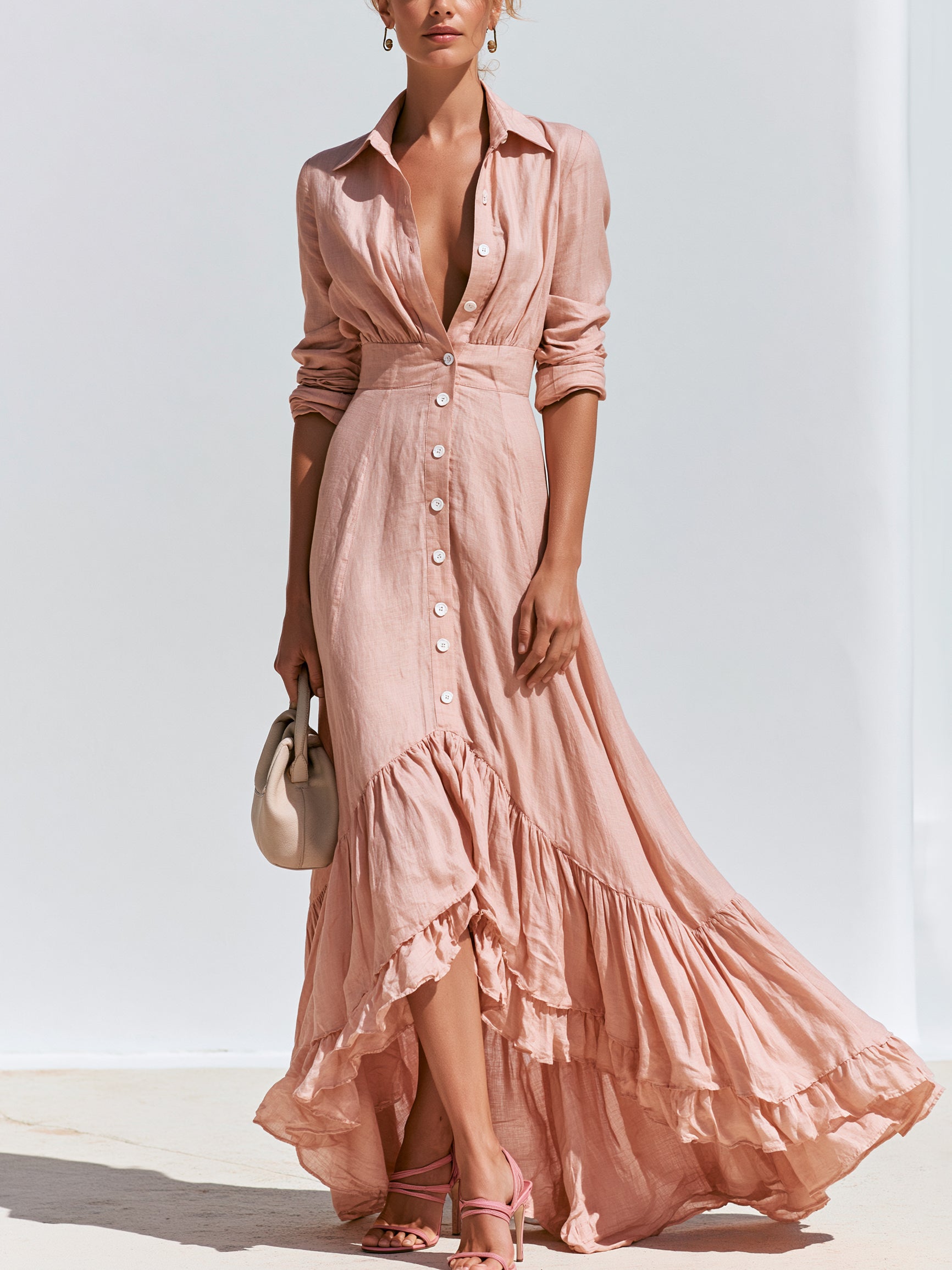 Elegant Linen Asymmetric Ruffle Maxi Dress