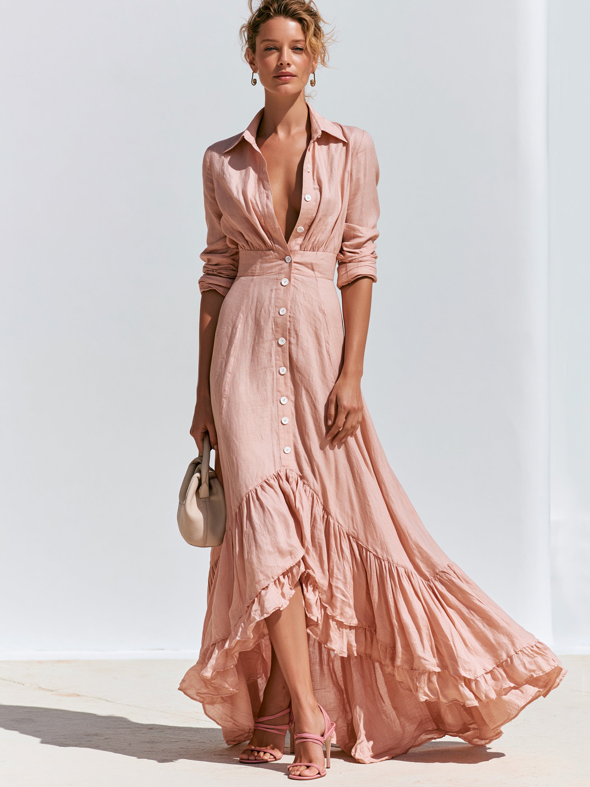 Elegant Linen Asymmetric Ruffle Maxi Dress