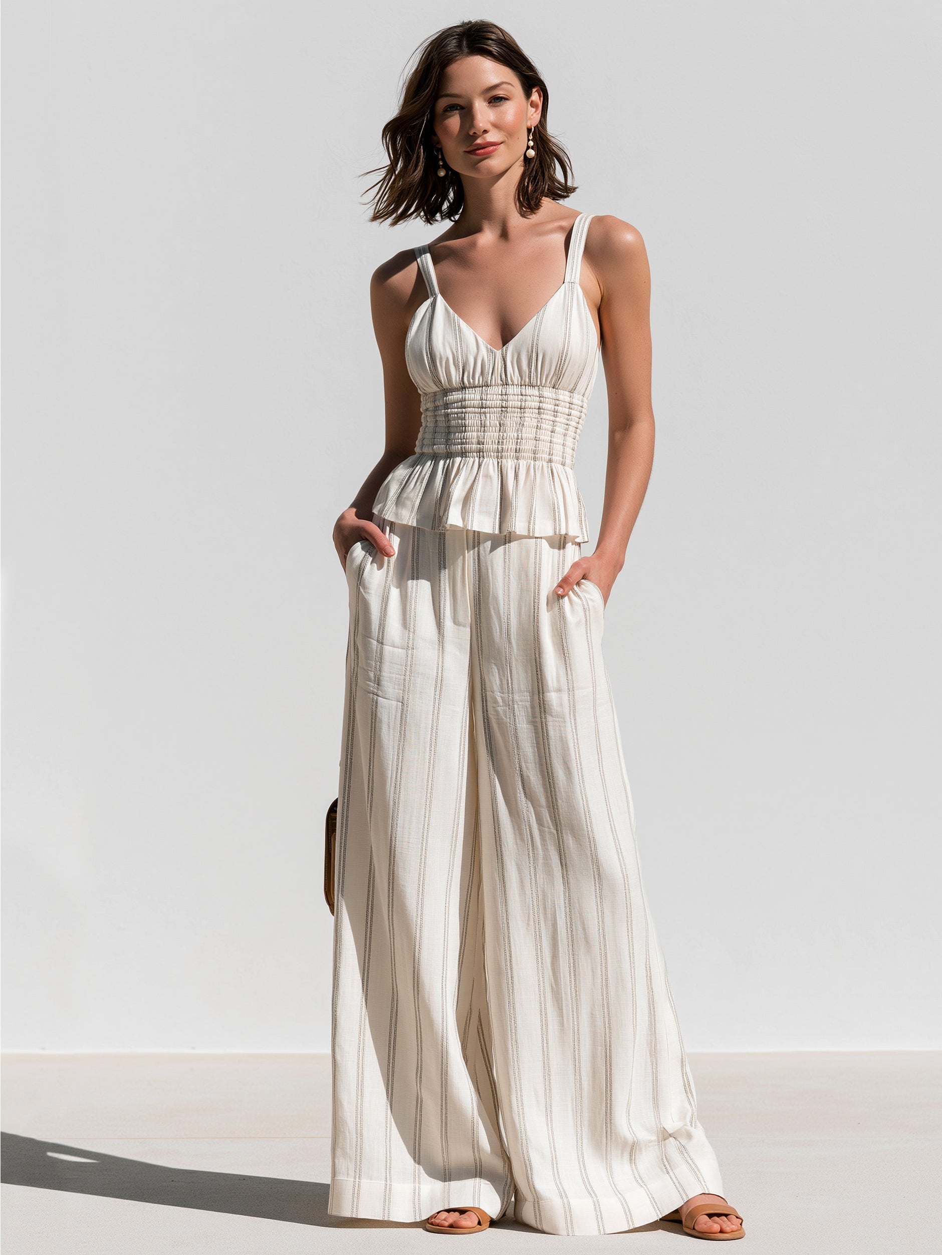 Elegant Adjustable Strap Striped Camisole & High-Rise Pants Set