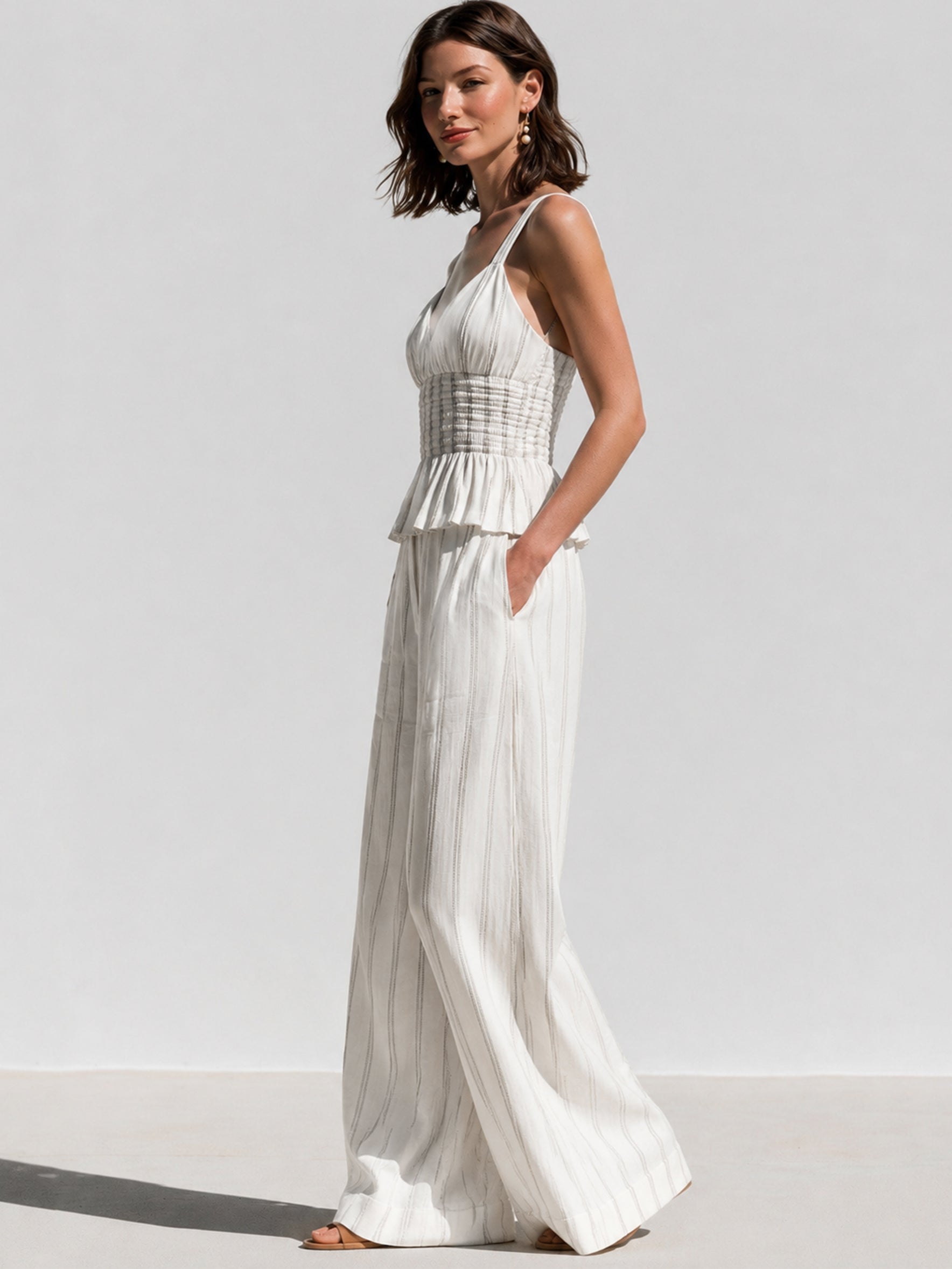 Elegant Adjustable Strap Striped Camisole & High-Rise Pants Set