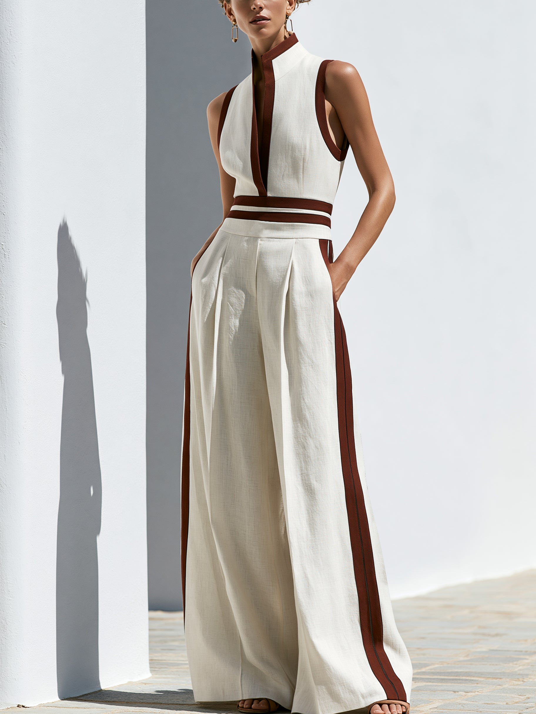 Timeless Linen Cream Contrast Trim Sleeveless Jumpsuit