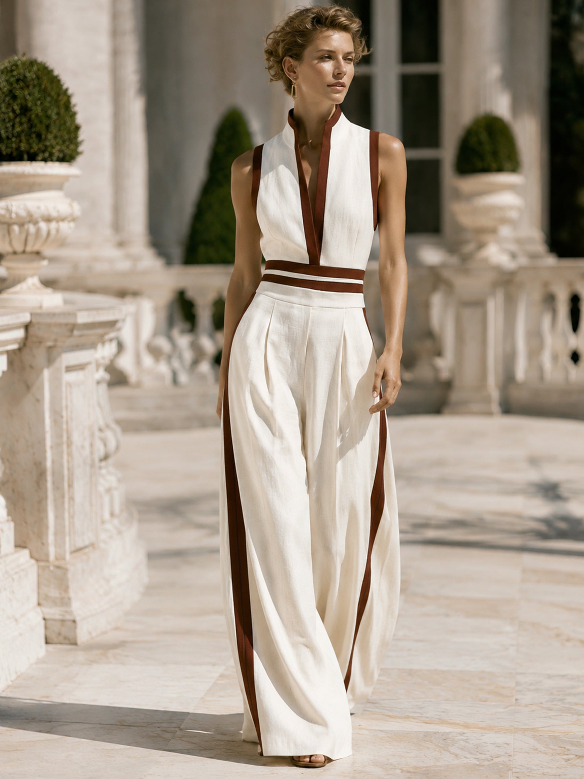 Timeless Linen Cream Contrast Trim Sleeveless Jumpsuit