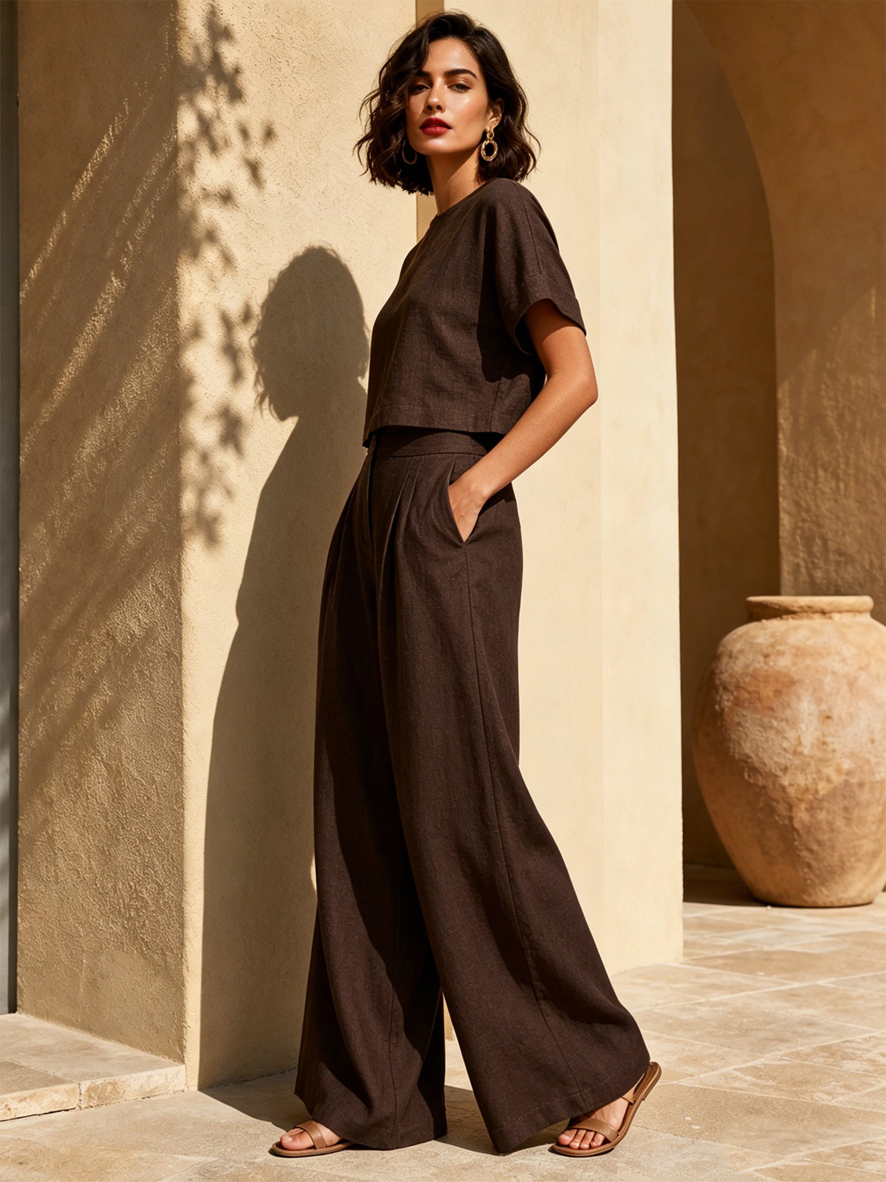 Timeless Brown Linen Short Sleeve Top & High Waist Trousers Set