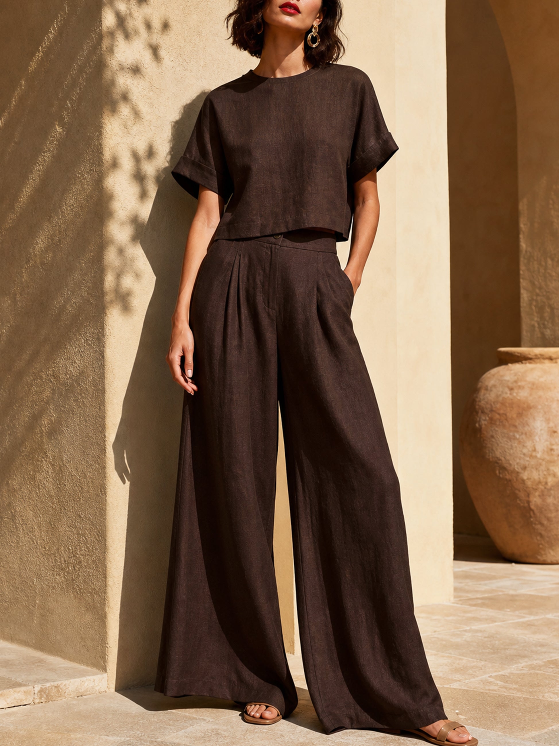 Timeless Brown Linen Short Sleeve Top & High Waist Trousers Set