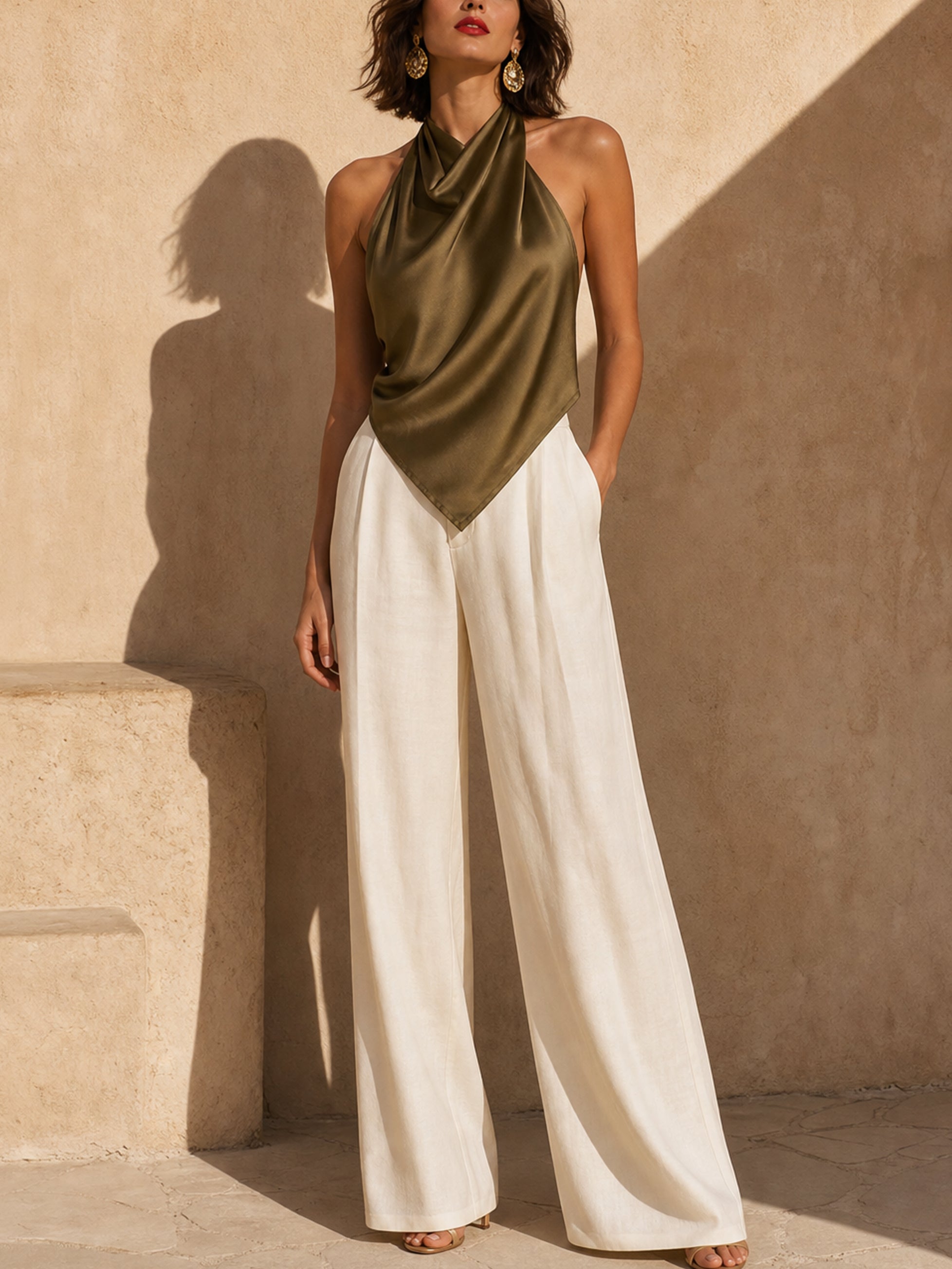 Elegant Cowl Neck Satin Top & Wide Leg Pants Set