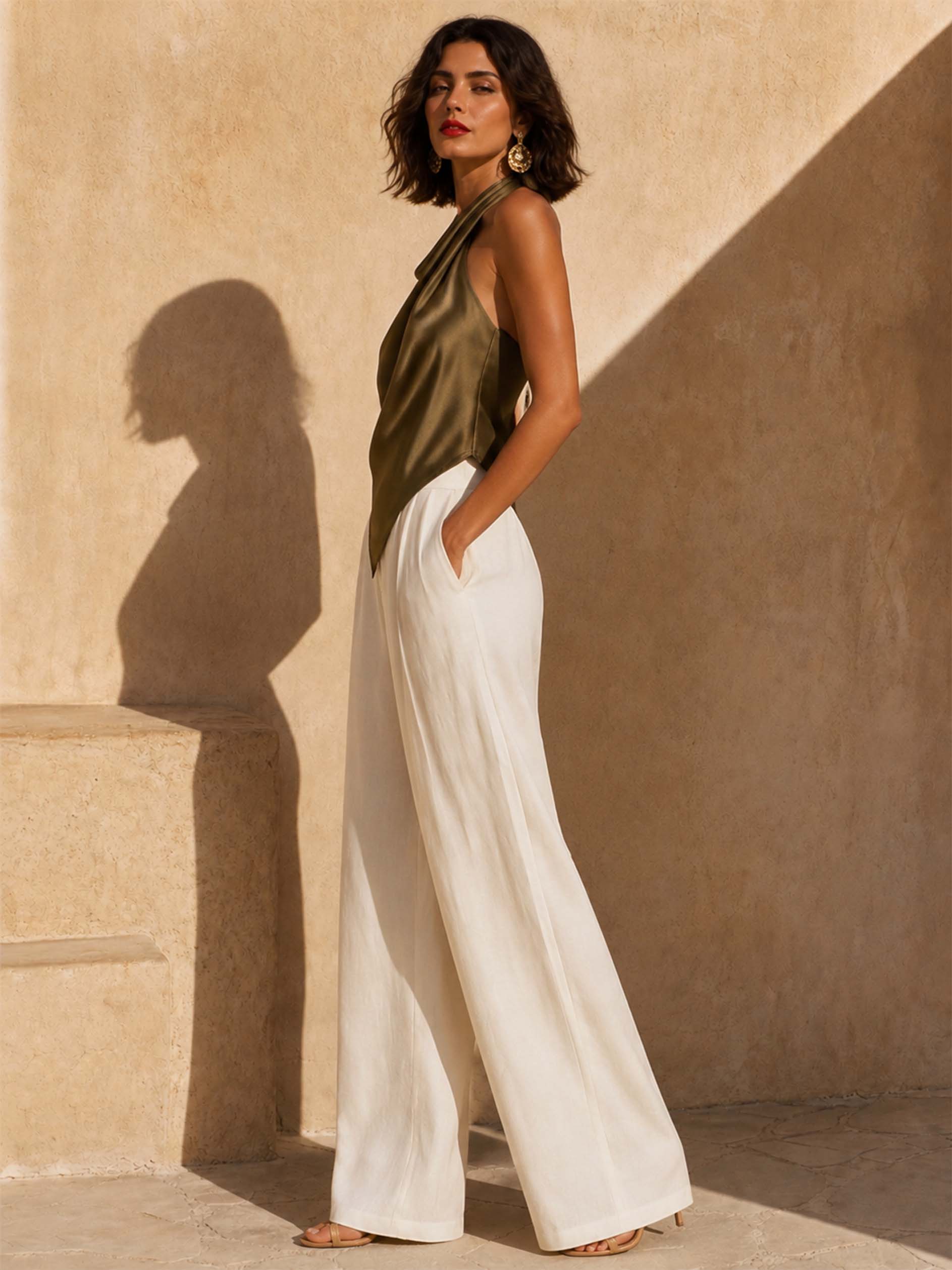 Elegant Cowl Neck Satin Top & Wide Leg Pants Set