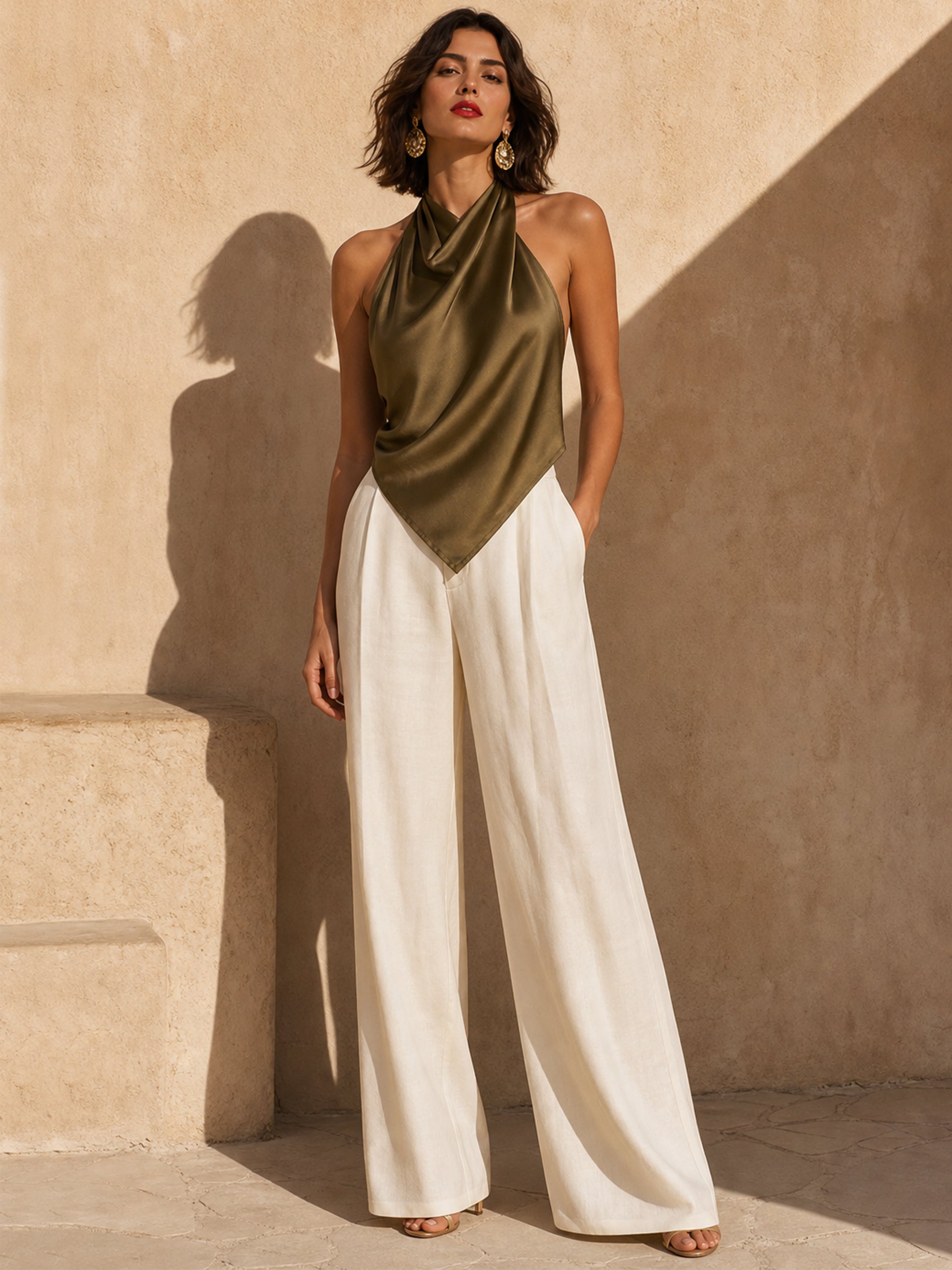 Elegant Cowl Neck Satin Top & Wide Leg Pants Set