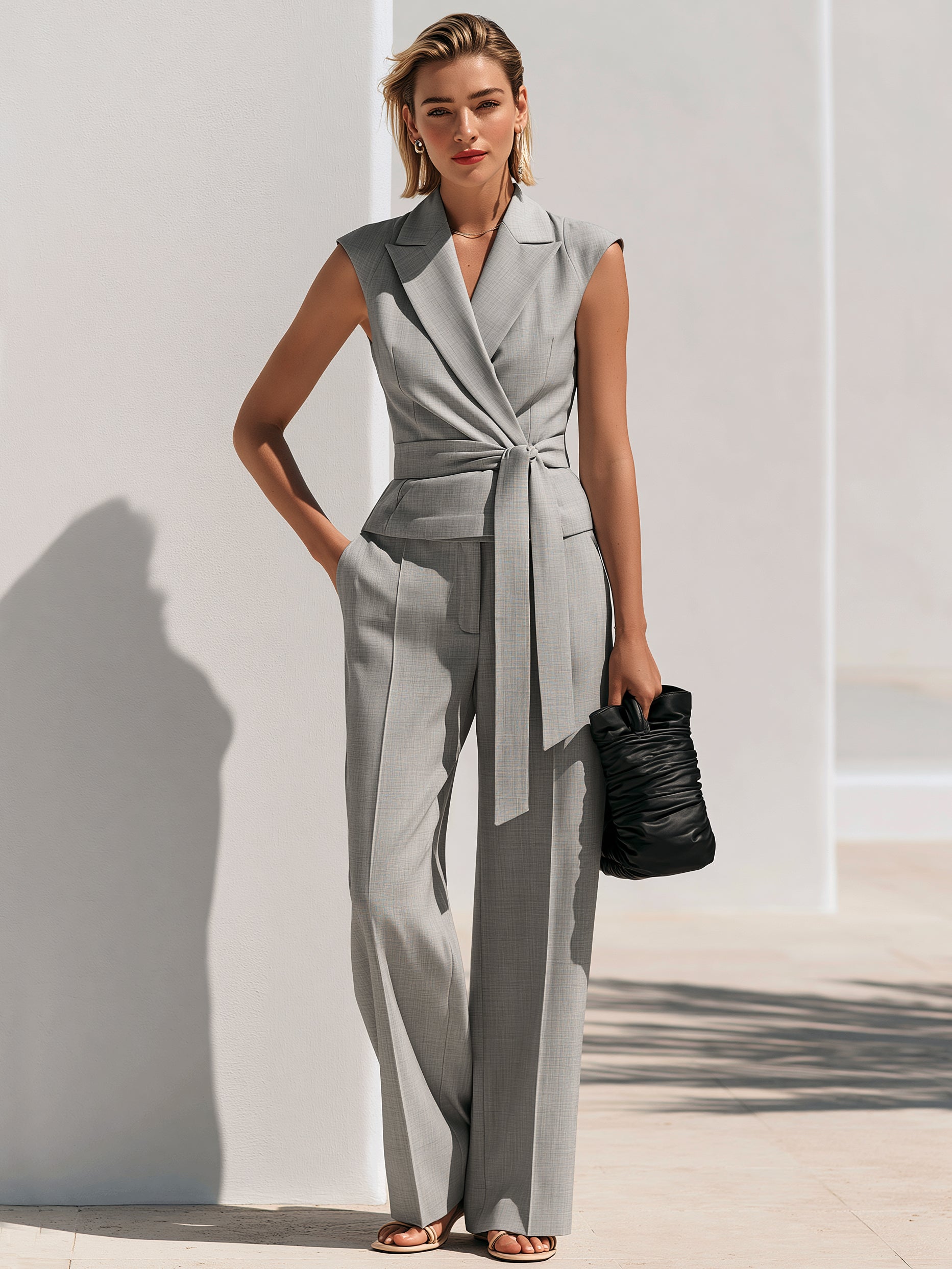 Heather Grey Sleeveless Wrap Waistcoat & Tailored Trousers Set