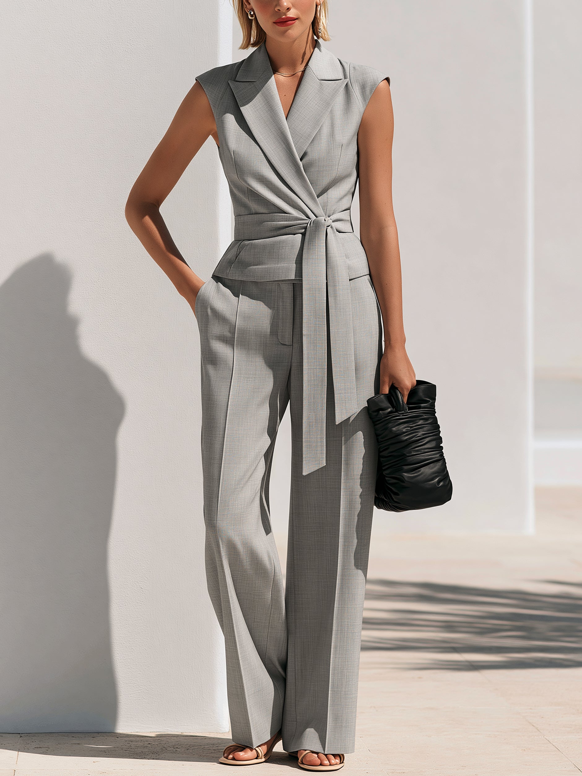 Heather Grey Sleeveless Wrap Waistcoat & Tailored Trousers Set
