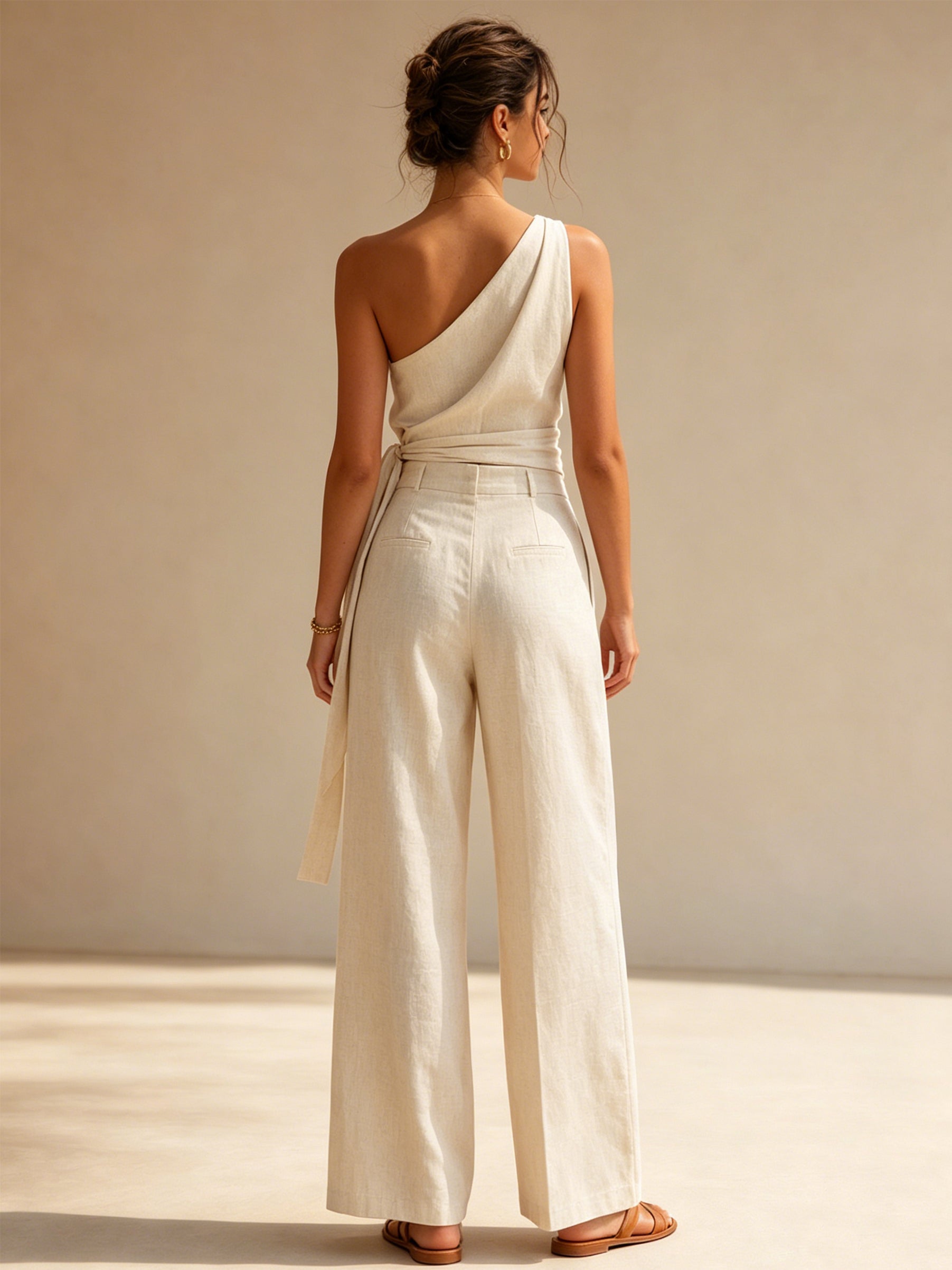 Elegant Linen One Shoulder Top &Wide Leg Pants Set
