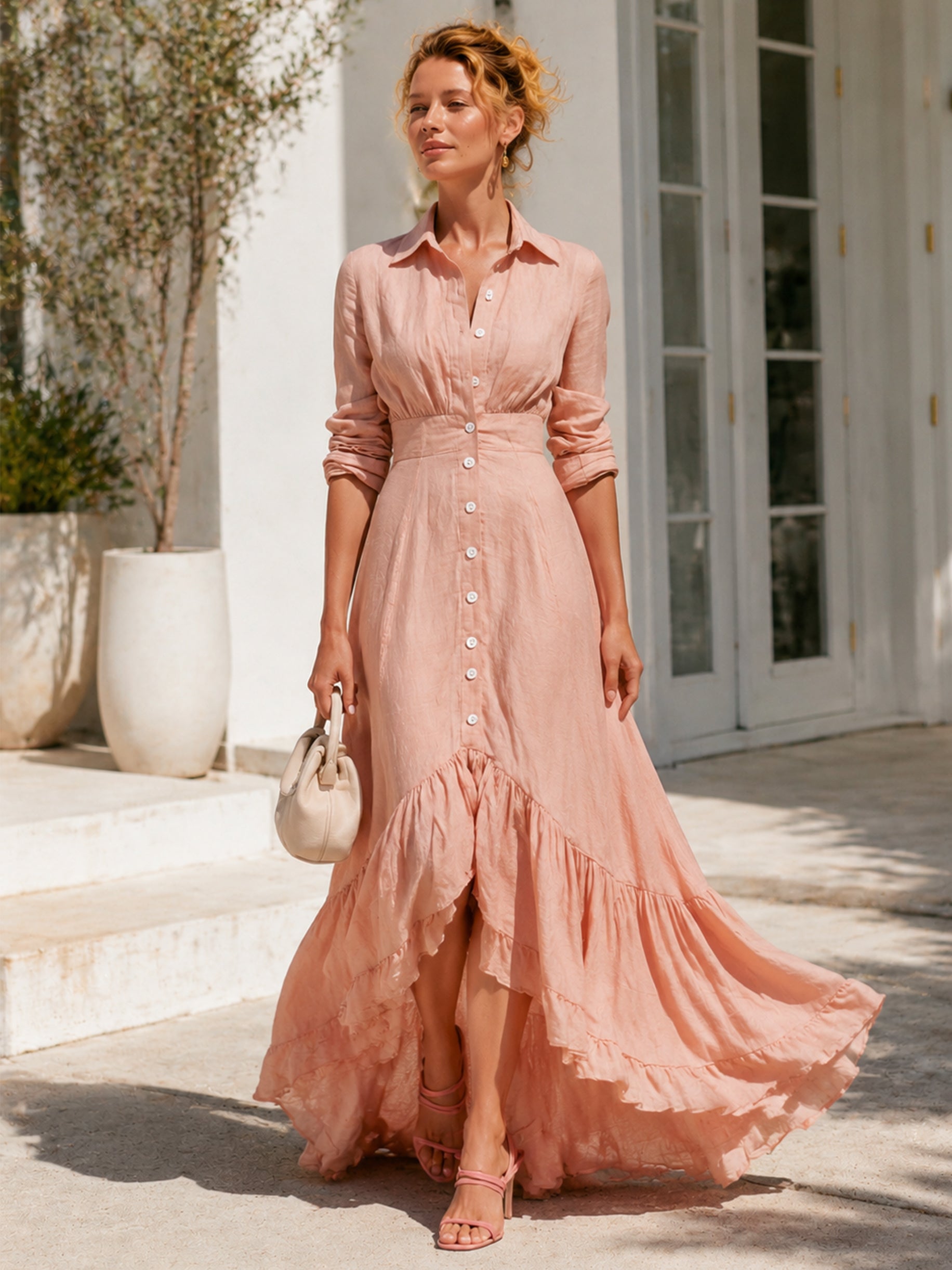 Elegant Linen Asymmetric Ruffle Maxi Dress