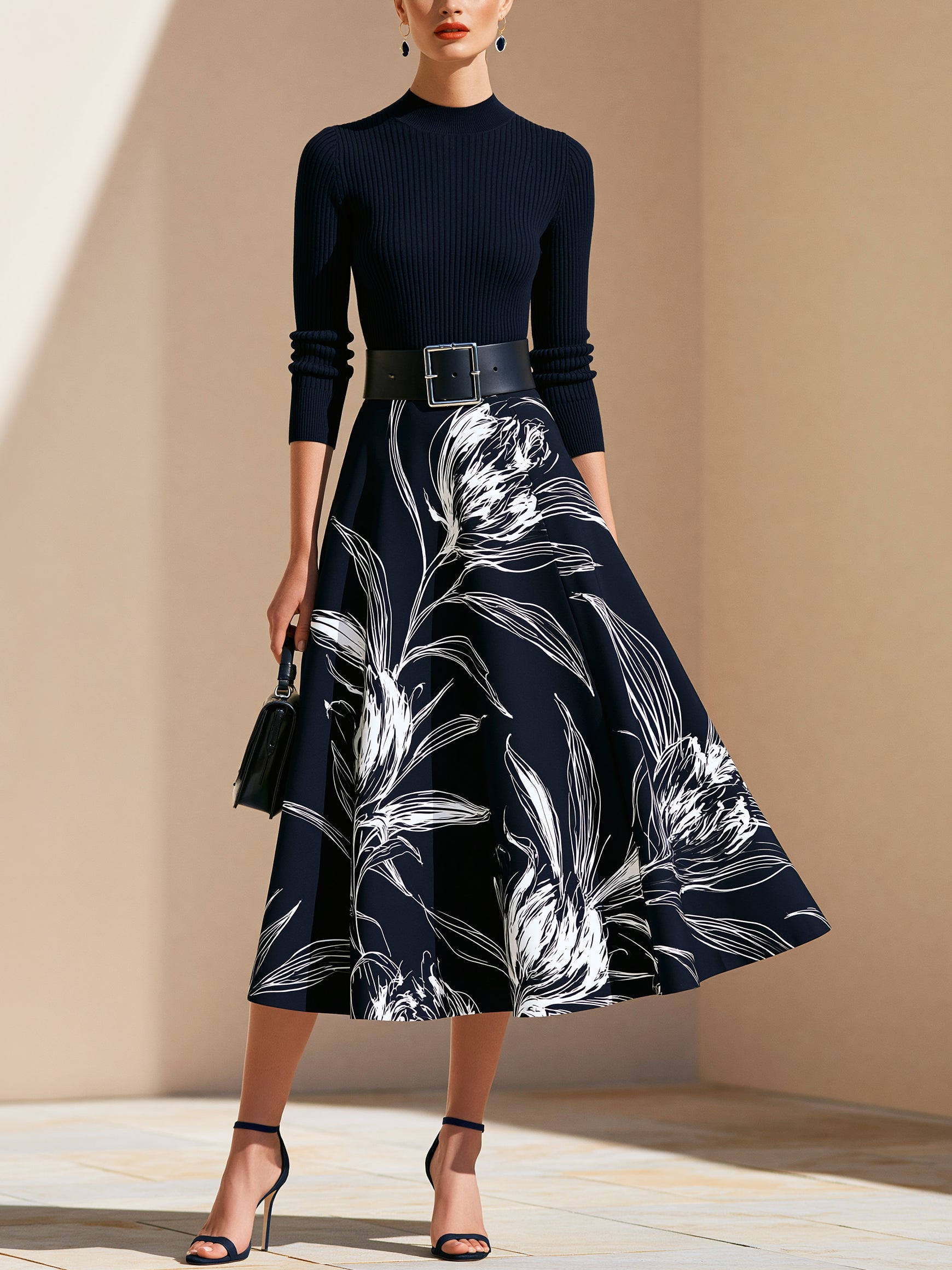 Elegant Contrast Floral Print Suit:Mock Neck Knit Blouse And Flared Midi Skirt