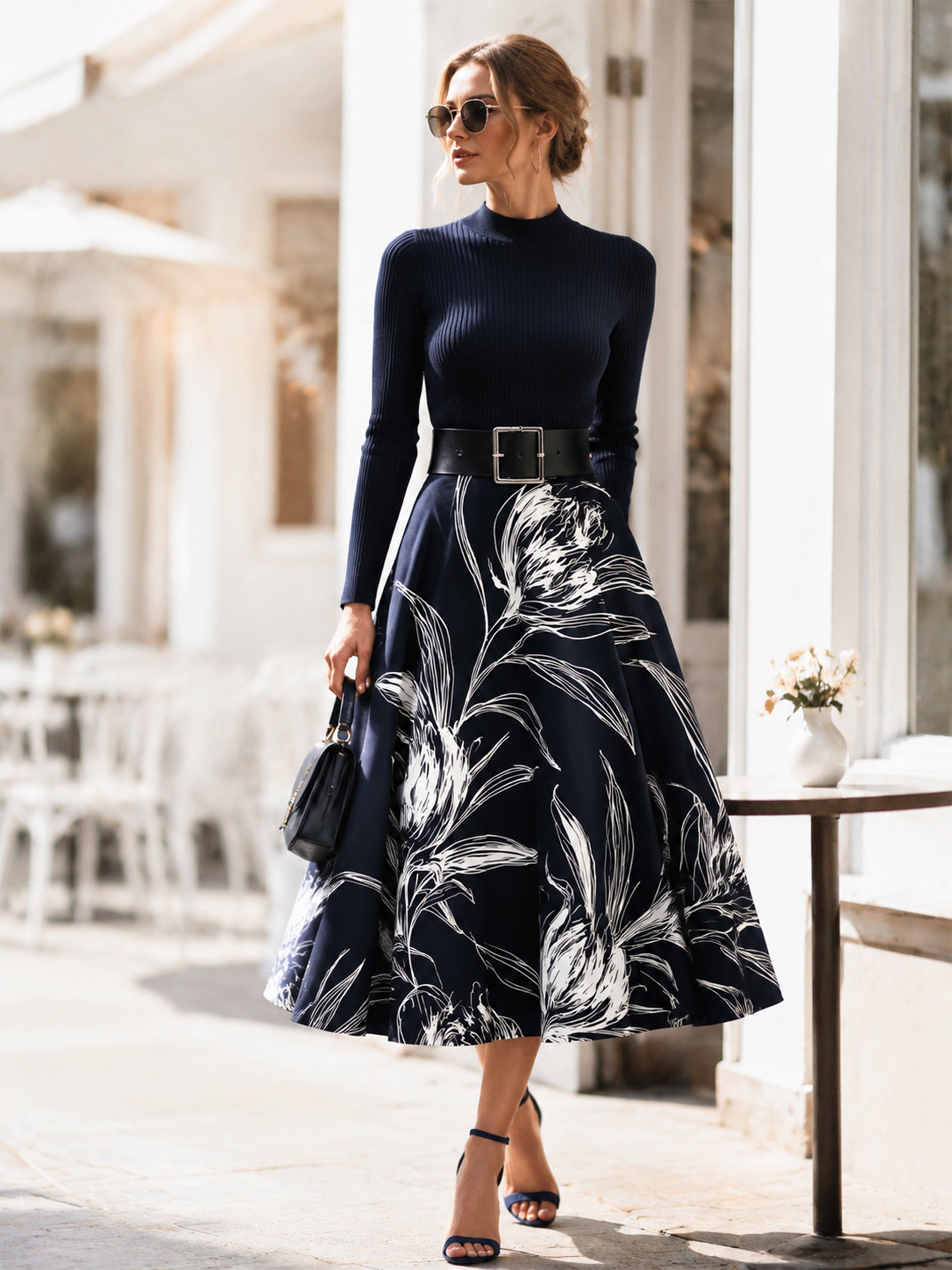 Elegant Contrast Floral Print Suit:Mock Neck Knit Blouse And Flared Midi Skirt