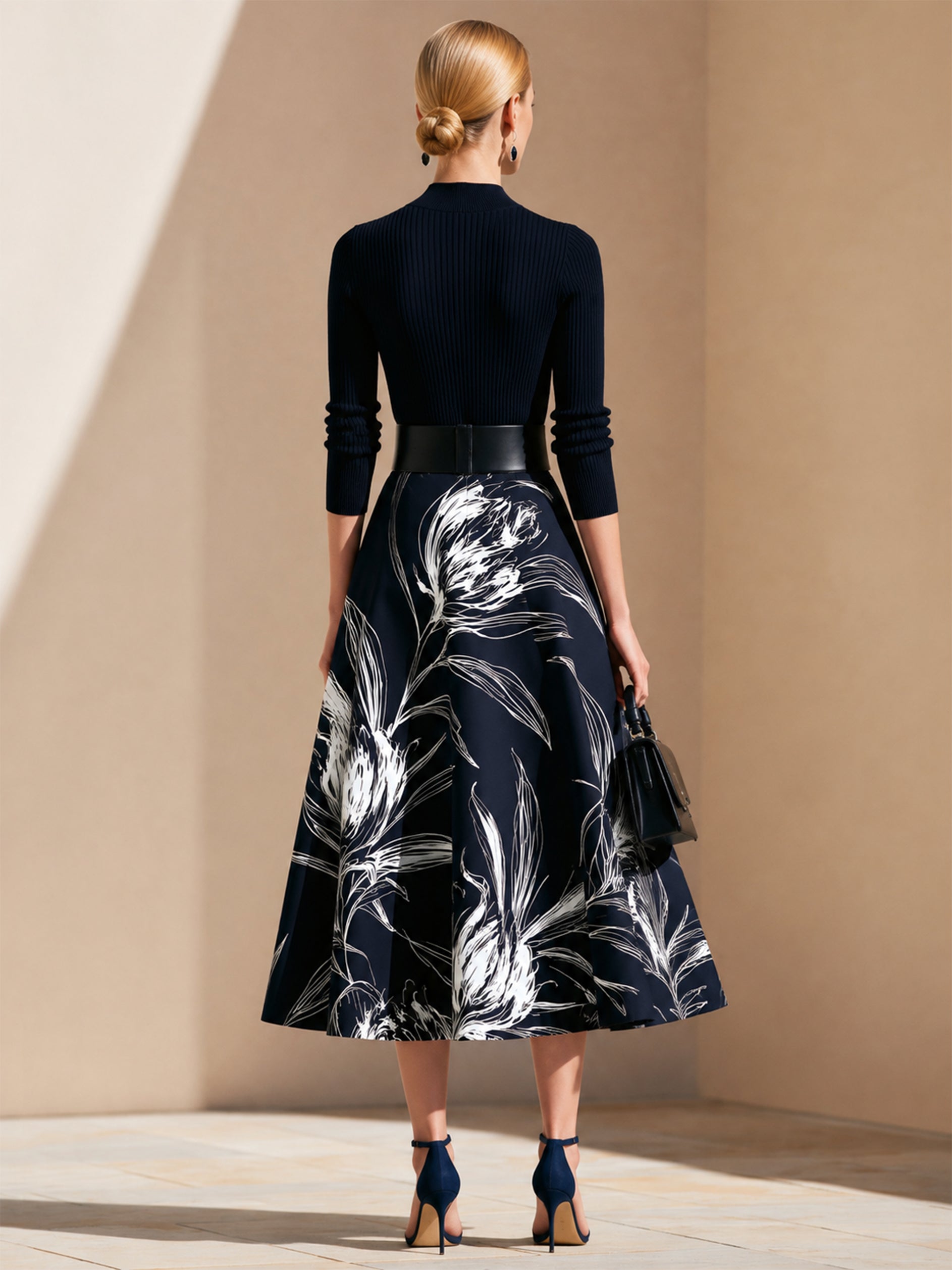 Elegant Contrast Floral Print Suit:Mock Neck Knit Blouse And Flared Midi Skirt