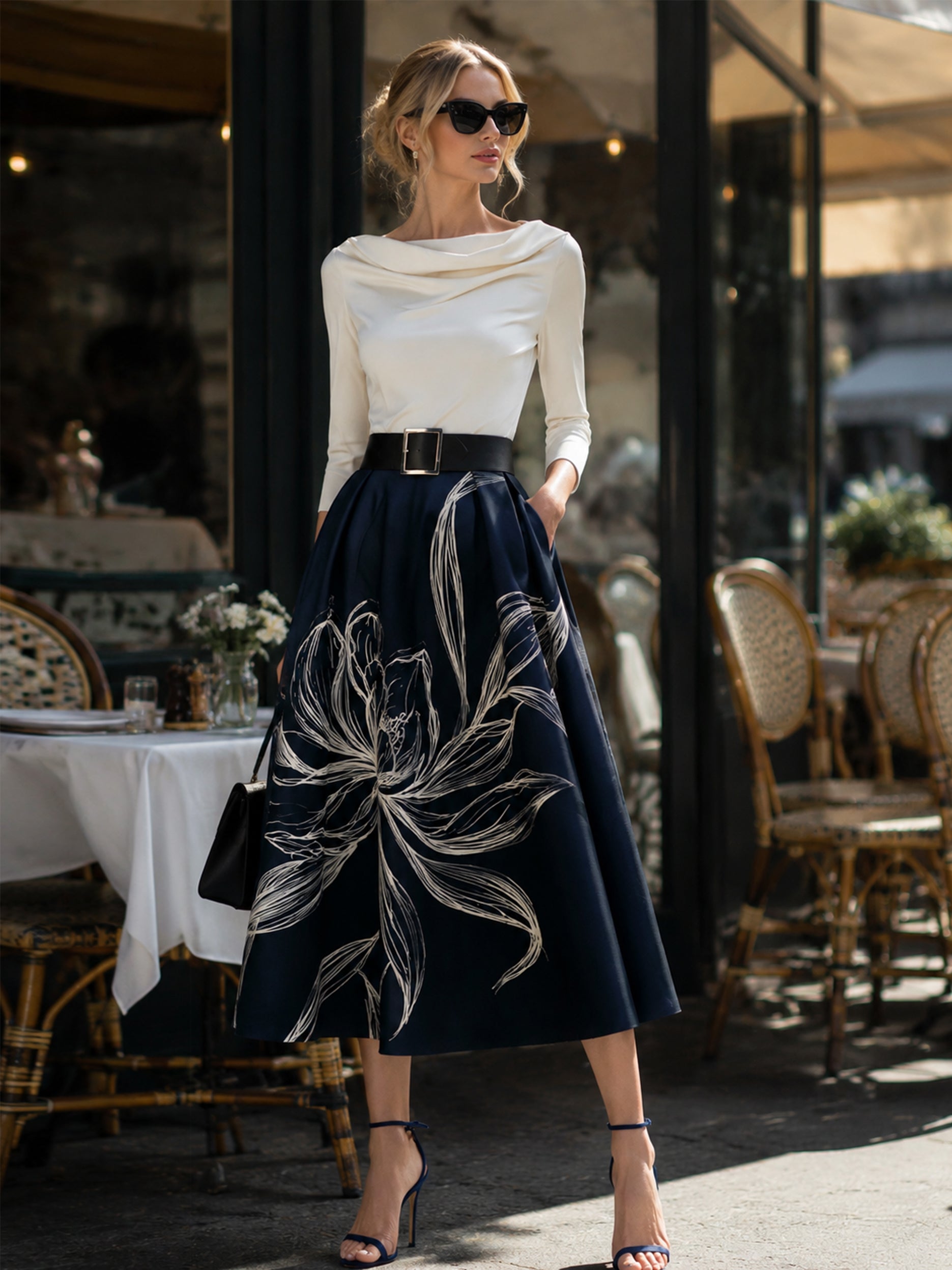 Elegant Cowl Neck Satin Top Floral Full Flare Midi Skirt Suit