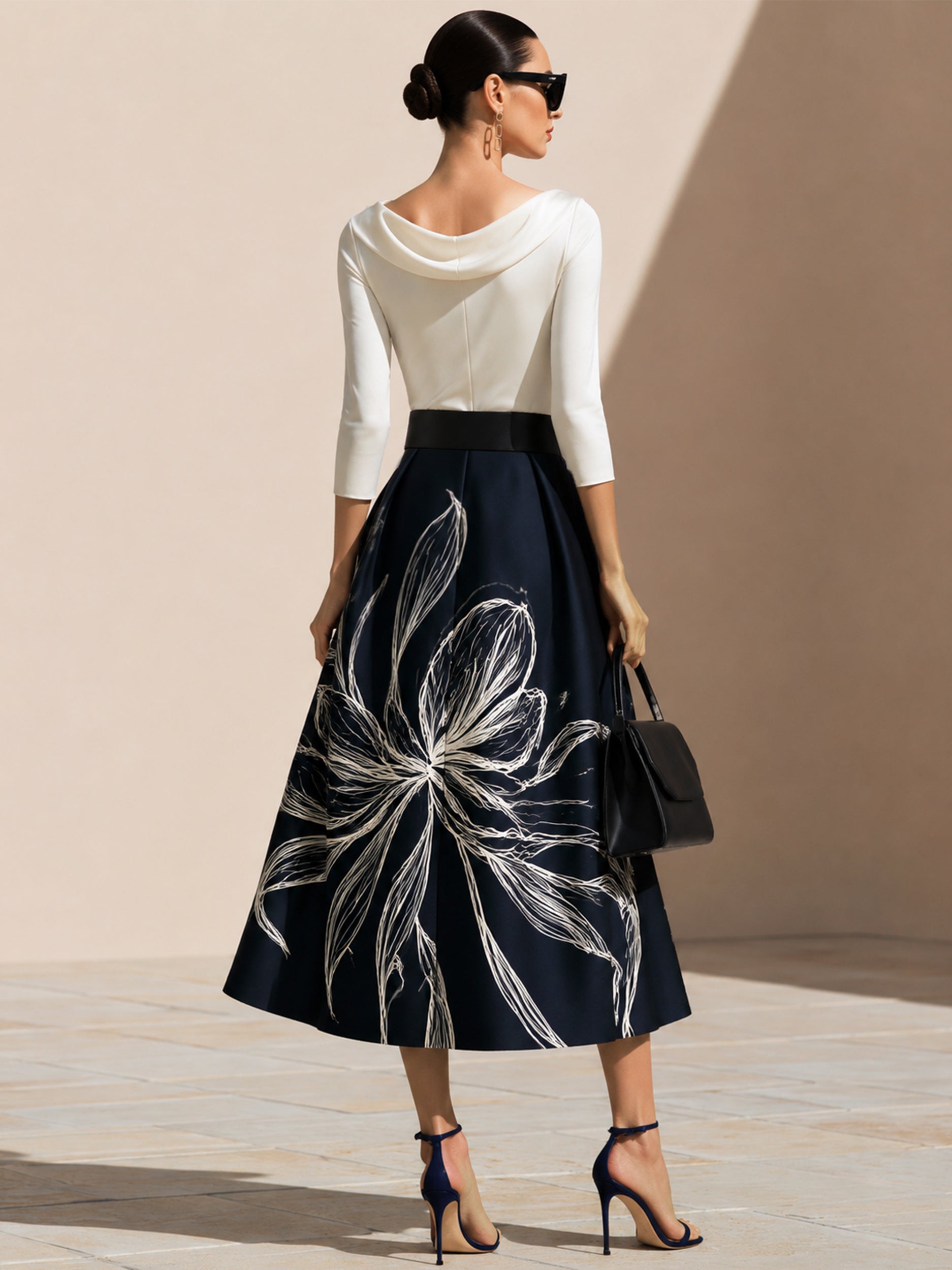 Elegant Cowl Neck Satin Top Floral Full Flare Midi Skirt Suit