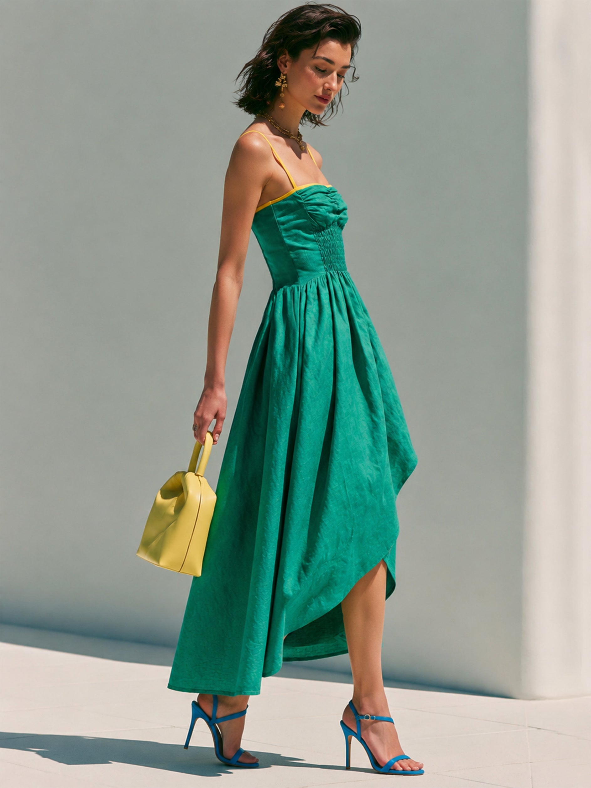 Emerald Green Linen Yellow Spaghetti Straps Smocked Midi Dress