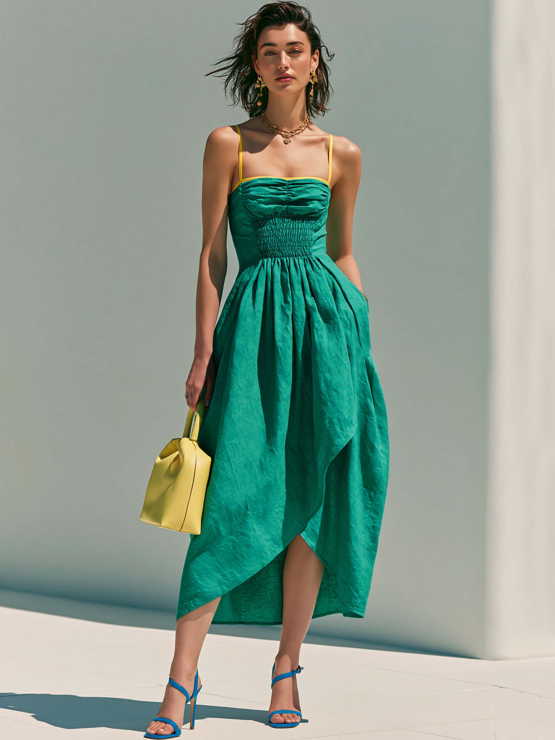 Emerald Green Linen Yellow Spaghetti Straps Smocked Midi Dress