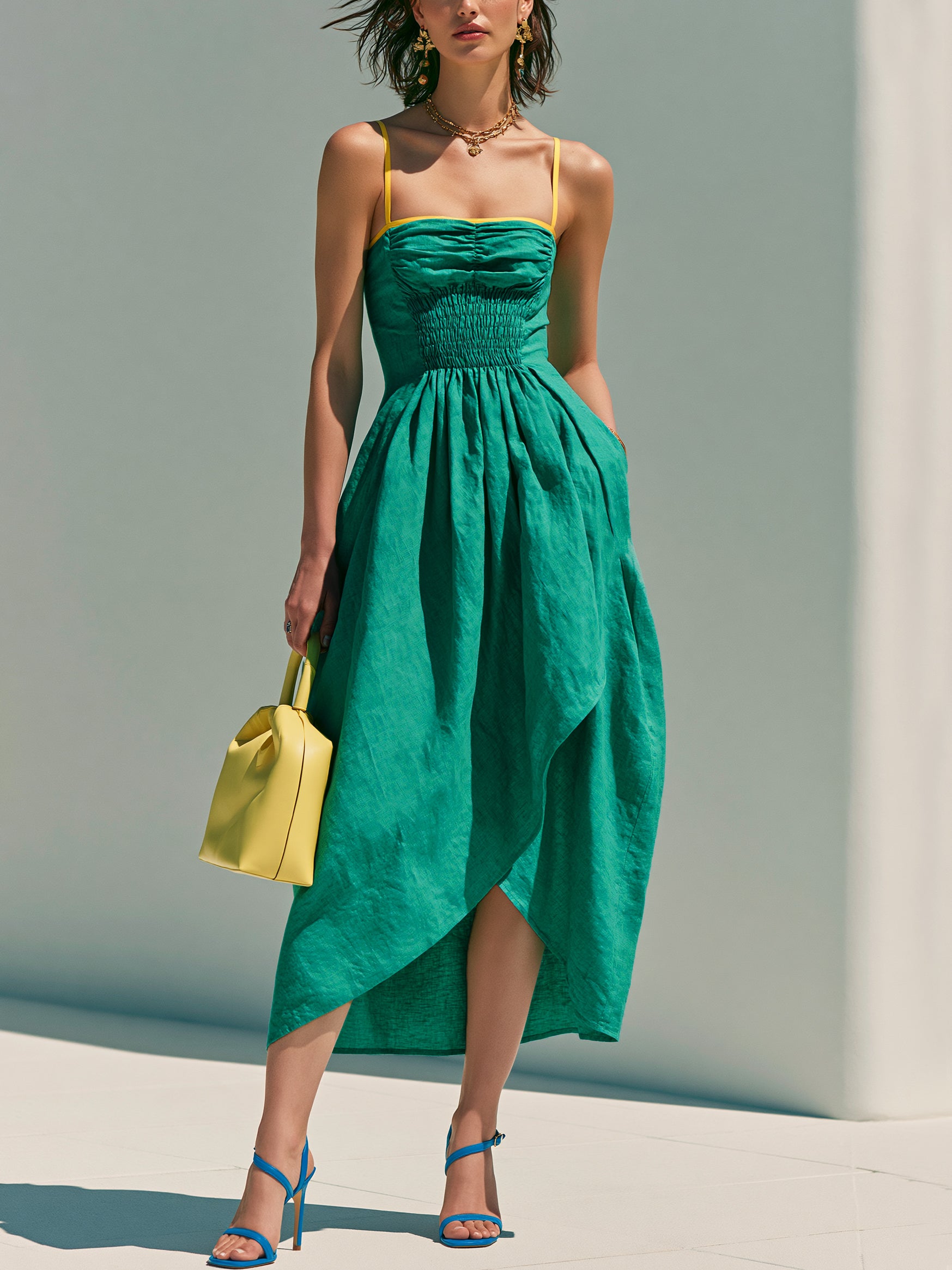 Emerald Green Linen Yellow Spaghetti Straps Smocked Midi Dress
