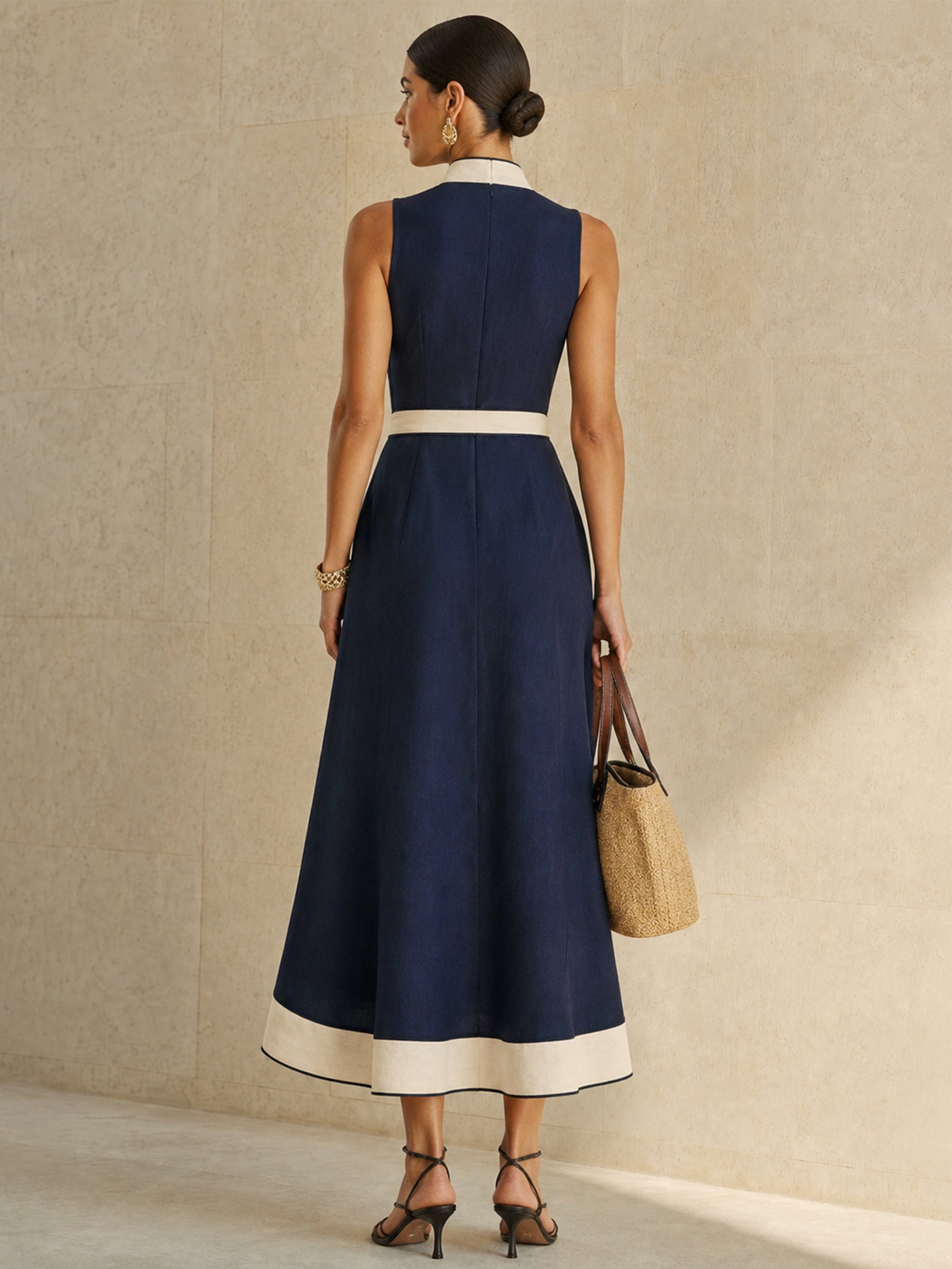 Elegant Contrast Trim Linen Midi Dress With Detachable Belt