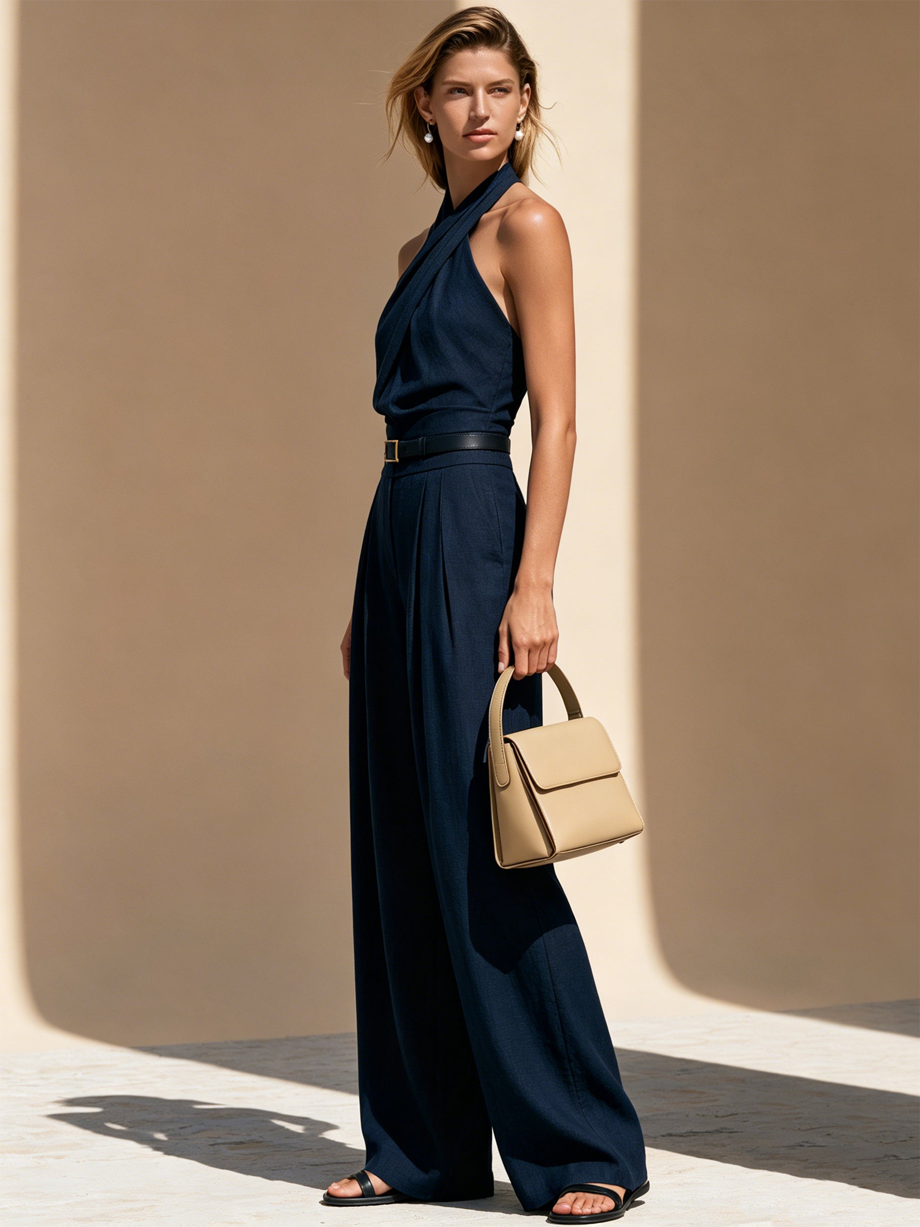 Midnight Navy Halter Jumpsuit With Buckle Belt
